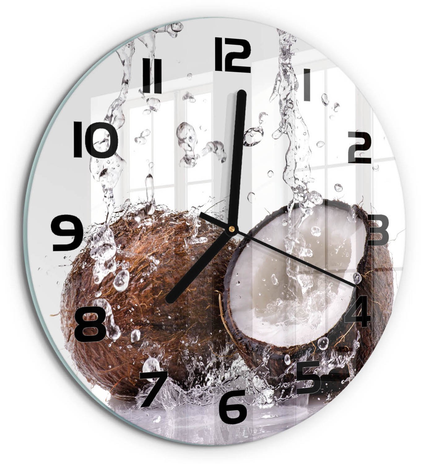 TULUP Wandklok - Kokosnoot en water Glazen Klok Met Print - fi30 cm - Bruin Wandklok Glas Met Motief - Zwarte handen - Ronde Klok - Wandklok Glas Decoratie - Gekleurde Glazen Klok