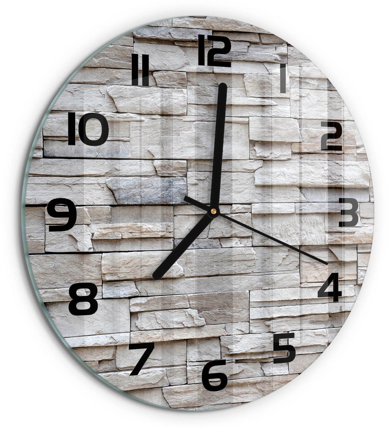 TULUP Wandklok - Stenen muur Decoratieve Glazen Klok - fi30 cm - Beige Glazen Wandklok Design - Zwarte handen - Ronde Klok - Glazen Klok Met Print - Wandklok Glas Met Motief