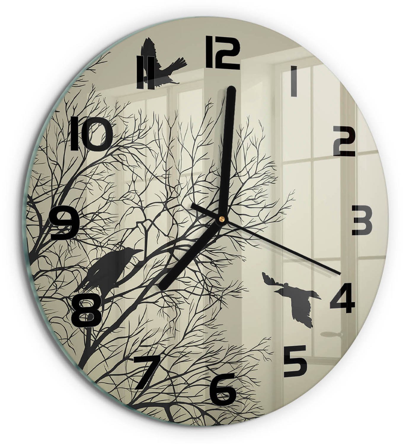 TULUP Wandklok - Raven in de boom Klok Glas Met Opdruk - fi30 cm - Beige Moderne Wandklok Glas - Zwarte handen - Ronde Klok - Decoratieve Glazen Klok - Glazen Wandklok Design