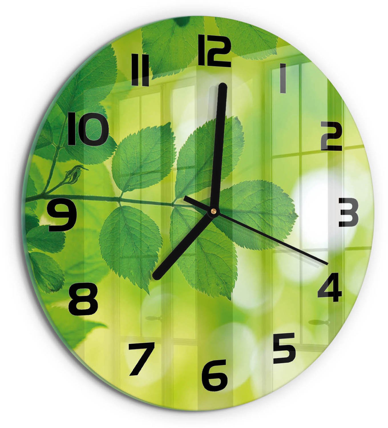 TULUP Wandklok - Groene bladeren Decoratieve Glazen Klok - fi30 cm - Groente Glazen Wandklok Design - Zwarte handen - Ronde Klok - Glazen Klok Met Print - Wandklok Glas Met Motief