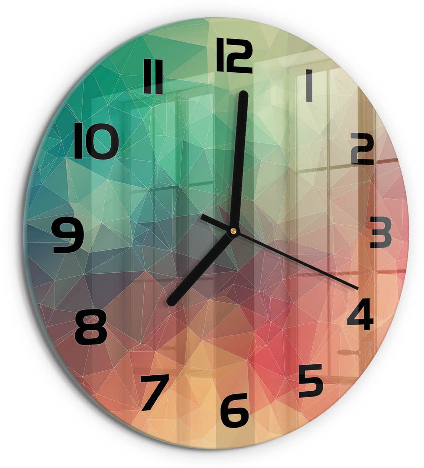 TULUP Wandklok - Geometrische achtergrond Decoratieve Glazen Klok - fi30 cm - Veelkleurig Glazen Wandklok Design - Zwarte handen - Ronde Klok - Glazen Klok Met Print - Wandklok Glas Met Motief