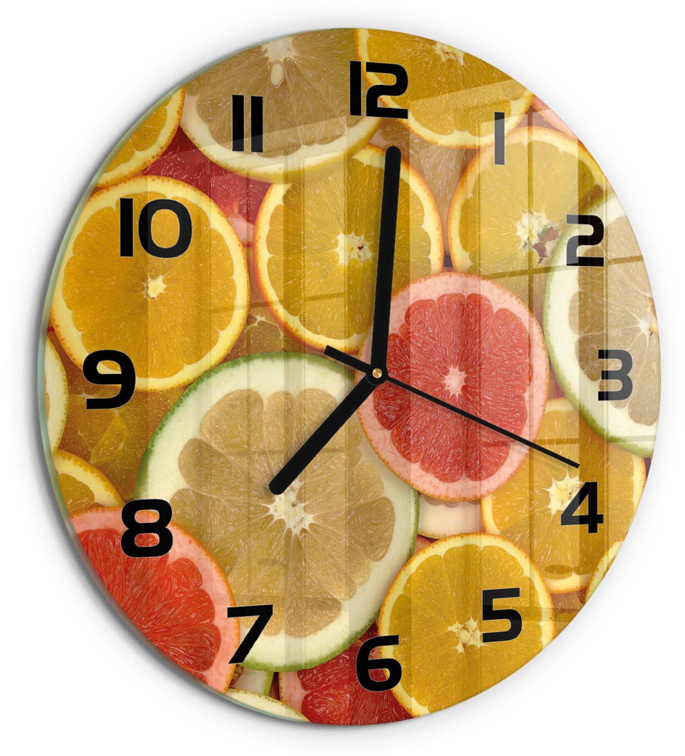 TULUP Wandklok - Citrusvruchten Decoratieve Glazen Klok - fi30 cm - Veelkleurig Glazen Wandklok Design - Zwarte handen - Ronde Klok - Glazen Klok Met Print - Wandklok Glas Met Motief