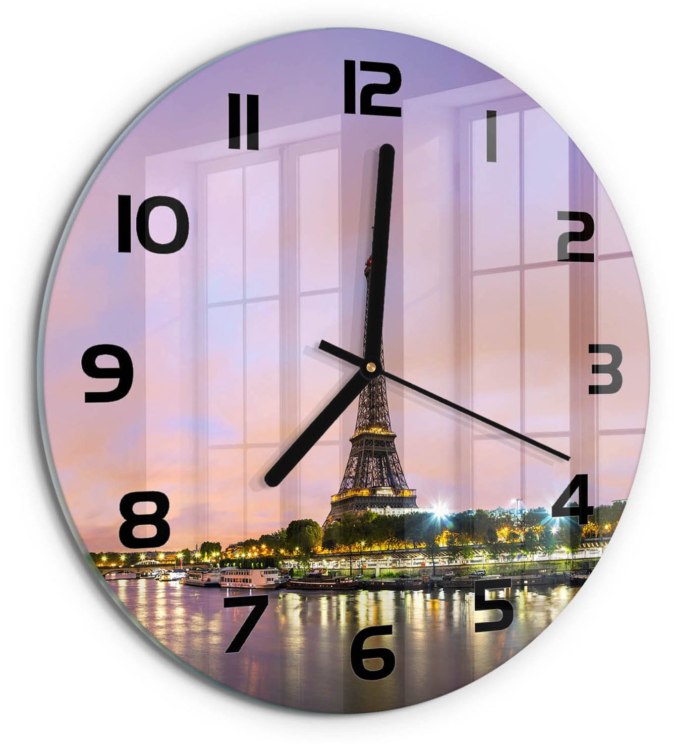 TULUP Wandklok - Eiffeltoren Parijs Klok Glas Met Opdruk - fi30 cm - Veelkleurig Moderne Wandklok Glas - Zwarte handen - Ronde Klok - Decoratieve Glazen Klok - Glazen Wandklok Design