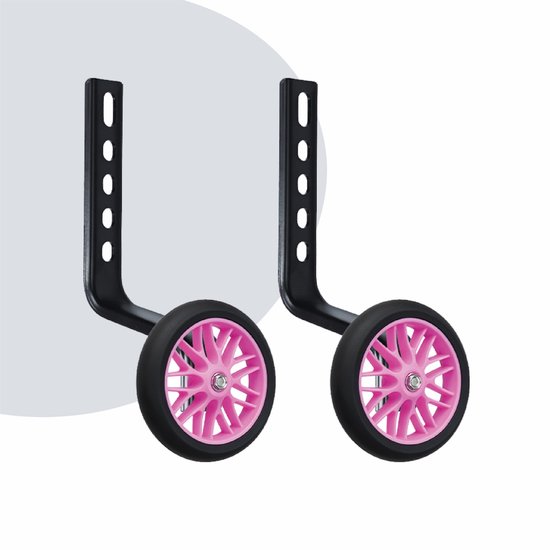 Set van twee roze zijwieltjes met zwarte stalen bevestigingsbeugels.