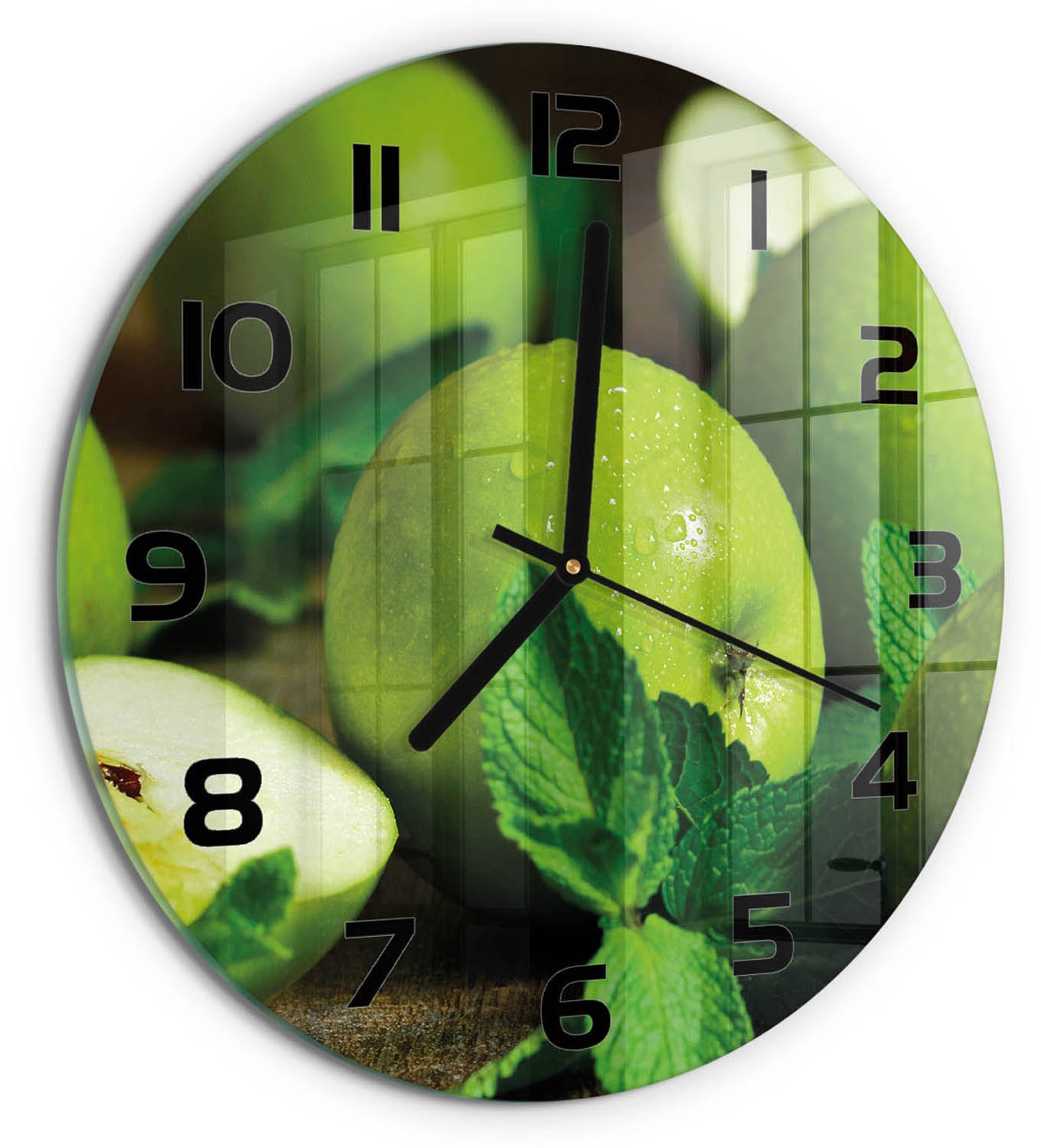 TULUP Wandklok - Groene appels Wandklok Glas Met Motief - fi30 cm - Groente Decoratieve Glazen Klok - Zwarte handen - Ronde Klok - Gekleurde Glazen Klok - Glazen Klok Met Print