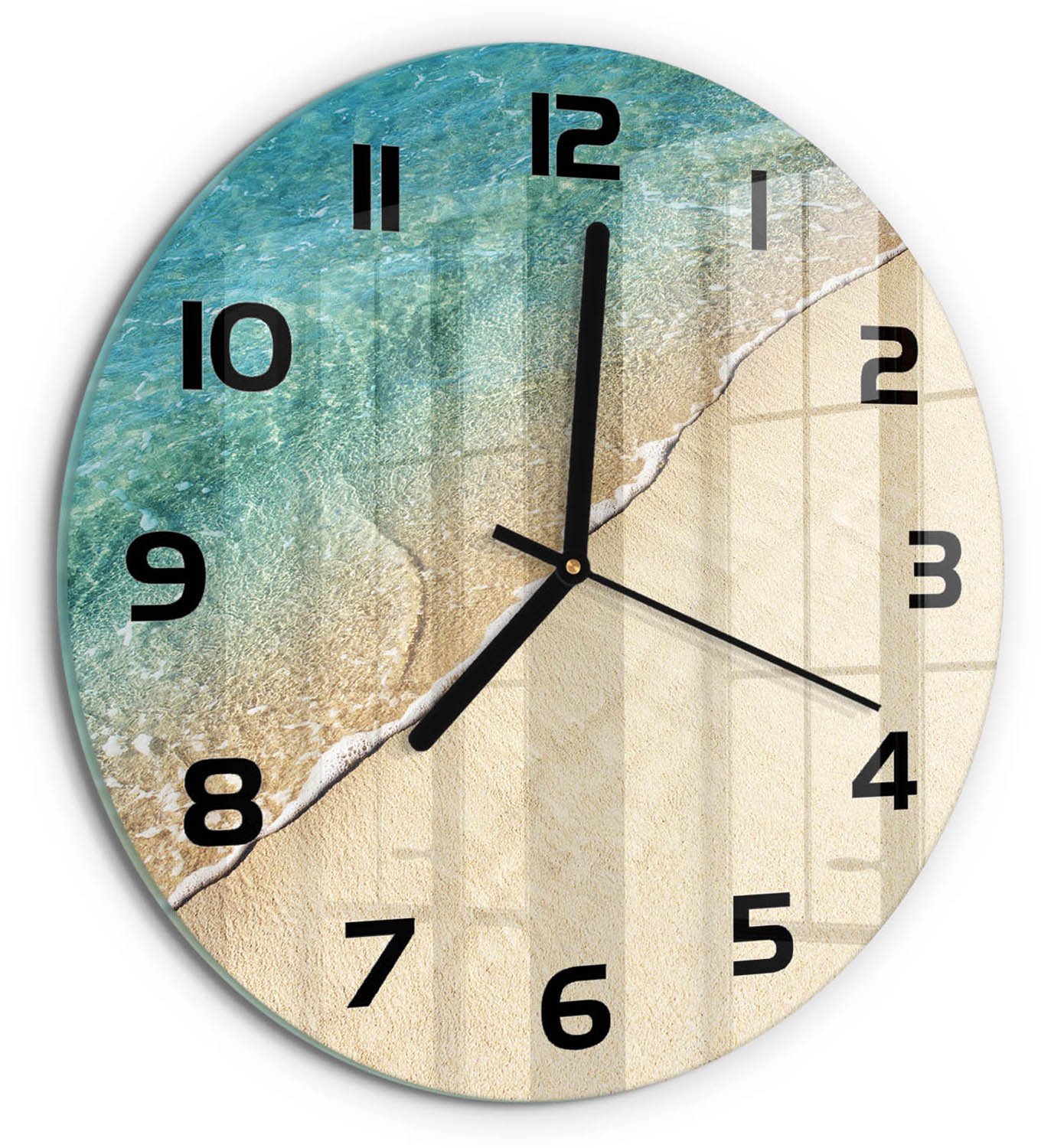 TULUP Wandklok - Golf op het strand Decoratieve Glazen Klok - fi30 cm - Blauw Glazen Wandklok Design - Zwarte handen - Ronde Klok - Glazen Klok Met Print - Wandklok Glas Met Motief
