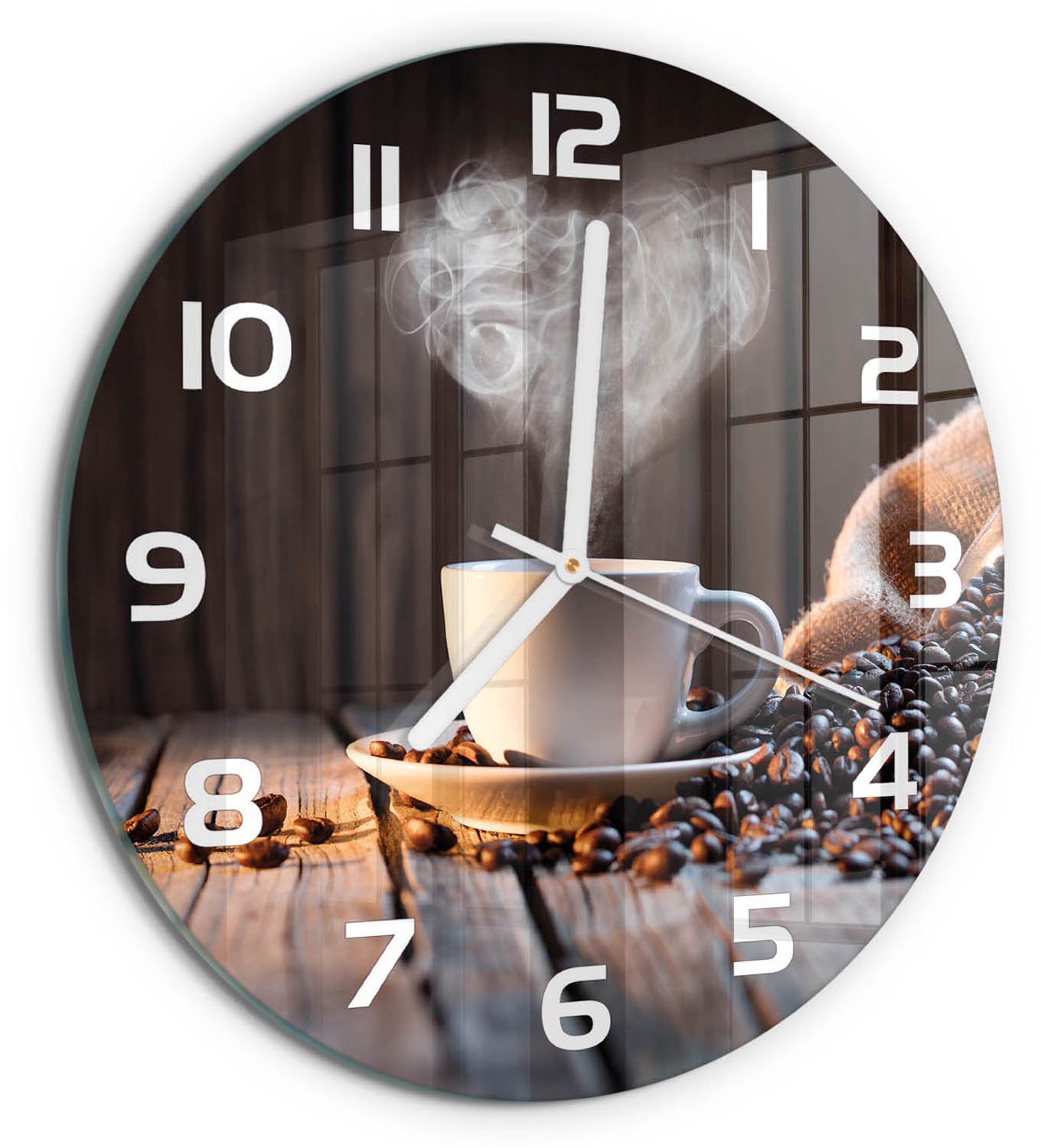 TULUP Wandklok - Kopje koffie Glazen Wandklok Design - fi30 cm - Bruin Klok Glas Met Opdruk - Witte handen - Ronde Klok - Wandklok Glas Met Motief - Decoratieve Glazen Klok