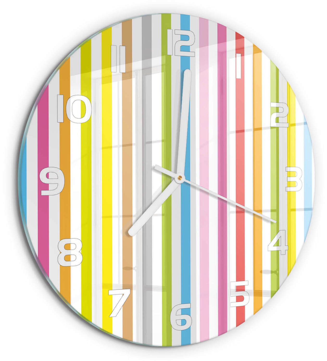 TULUP Wandklok - Kleurrijke strepen Wandklok Glas Met Motief - fi30 cm - Veelkleurig Decoratieve Glazen Klok - Witte handen - Ronde Klok - Gekleurde Glazen Klok - Glazen Klok Met Print