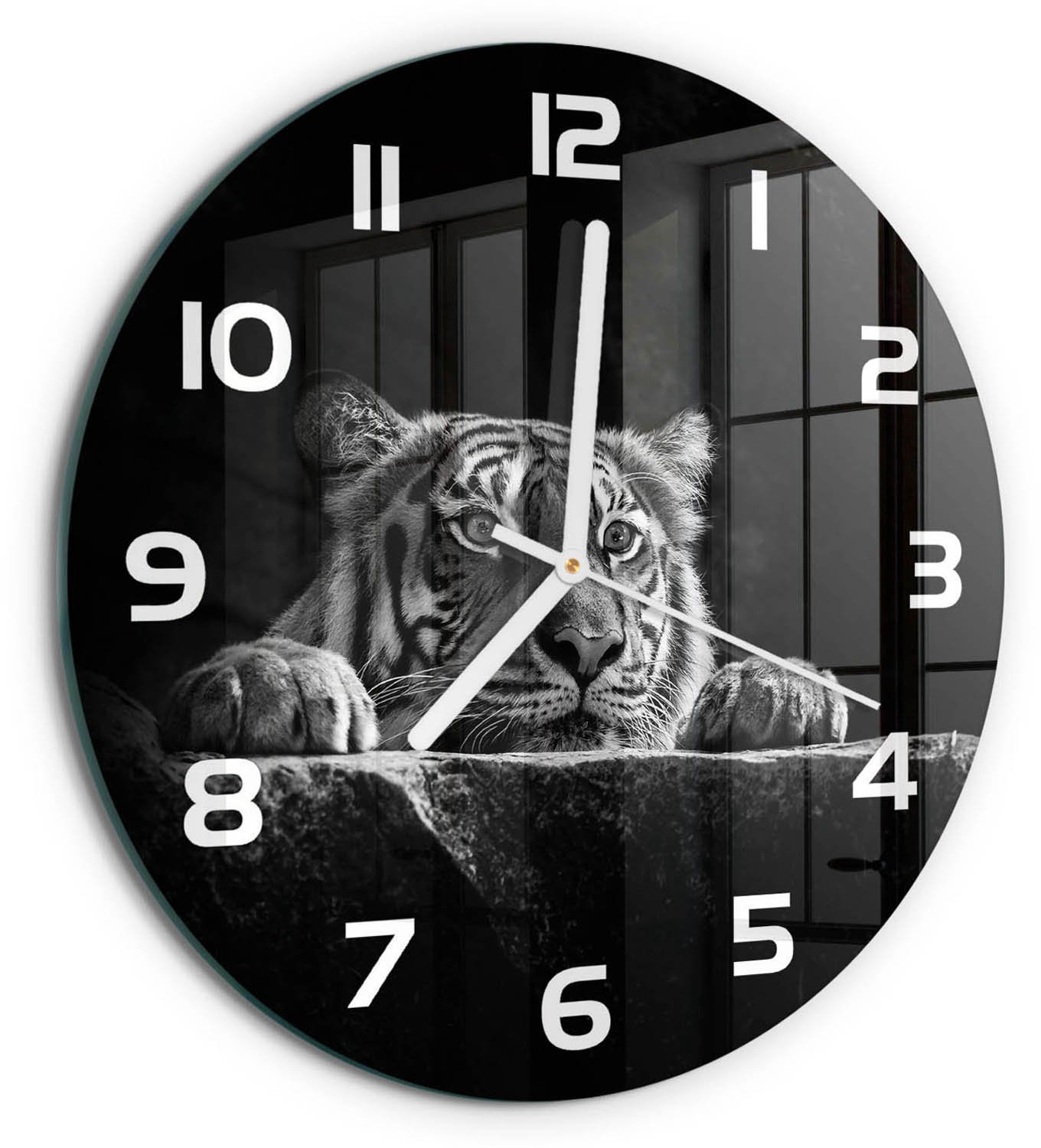 TULUP Wandklok - Tijger Wandklok Glas Met Motief - fi30 cm - Zwart-wit Decoratieve Glazen Klok - Witte handen - Ronde Klok - Gekleurde Glazen Klok - Glazen Klok Met Print