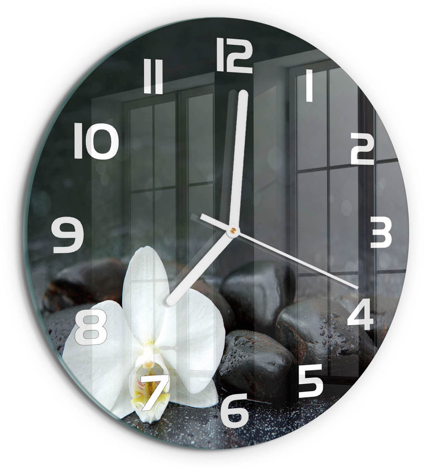 TULUP Wandklok - Orchidee Decoratieve Glazen Klok - fi30 cm - Zwart Glazen Wandklok Design - Witte handen - Ronde Klok - Glazen Klok Met Print - Wandklok Glas Met Motief