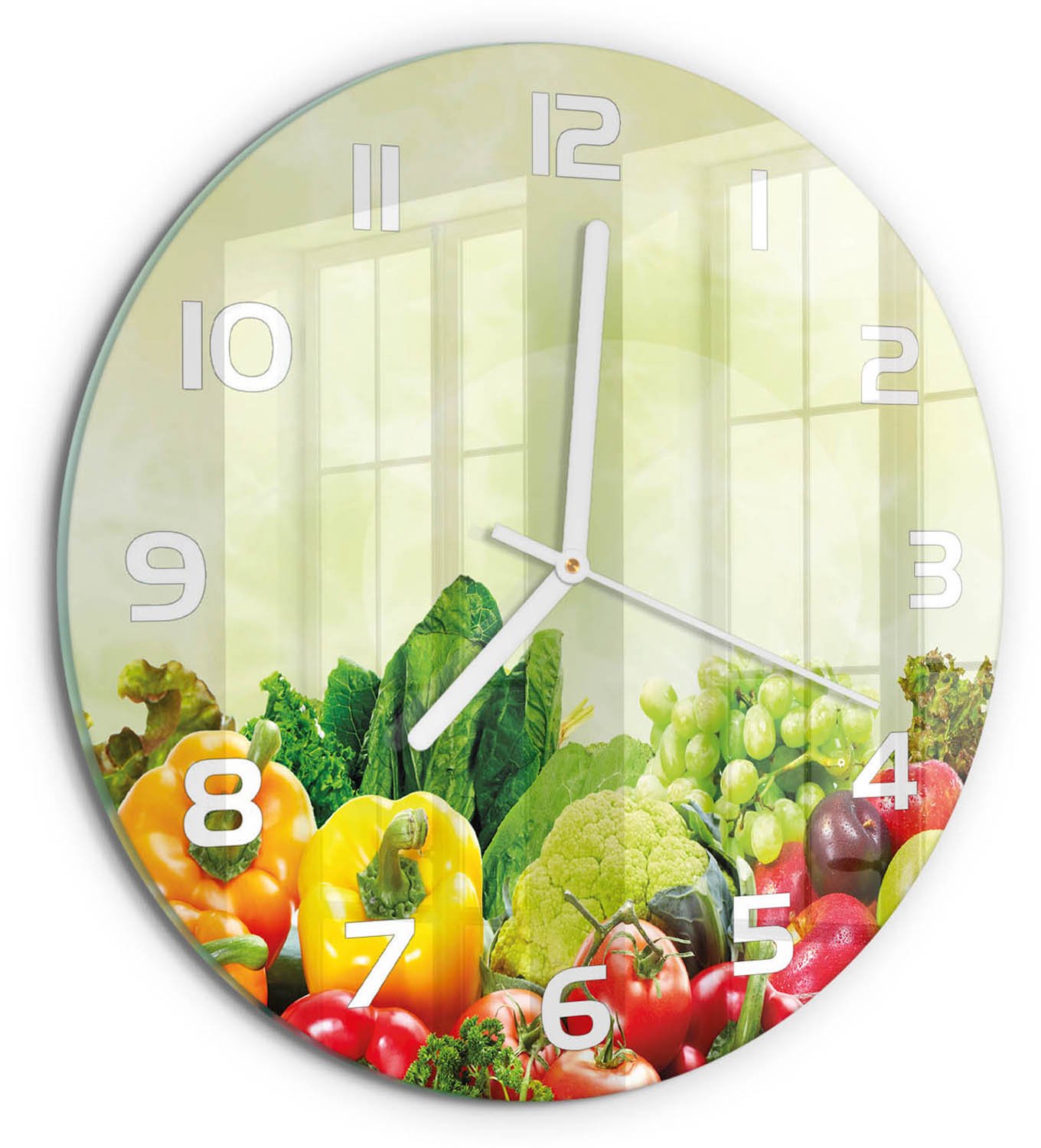 TULUP Wandklok - Groenten Glazen Wandklok Design - fi30 cm - Veelkleurig Klok Glas Met Opdruk - Witte handen - Ronde Klok - Wandklok Glas Met Motief - Decoratieve Glazen Klok