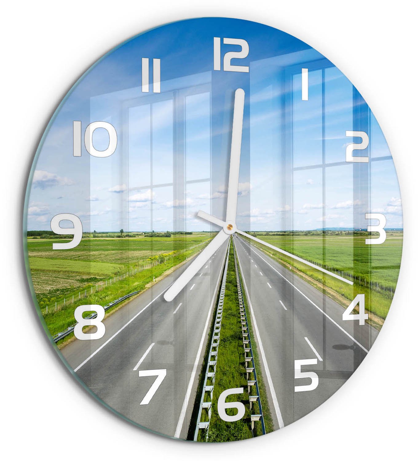 TULUP Wandklok - Snelweg Gekleurde Glazen Klok - fi30 cm - Groente Glazen Klok Met Print - Witte handen - Ronde Klok - Moderne Wandklok Glas - Wandklok Glas Decoratie