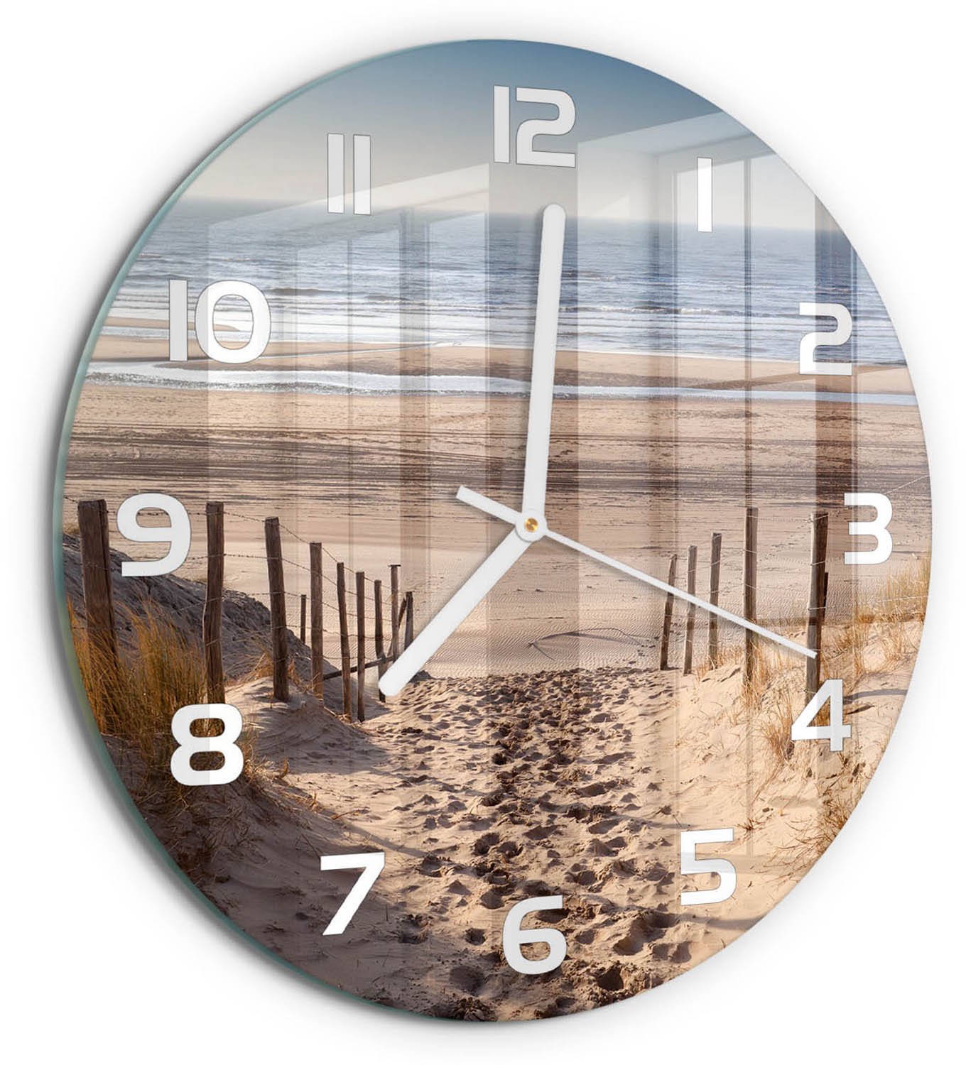 TULUP Wandklok - Kustduinen Gekleurde Glazen Klok - fi30 cm - Beige Glazen Klok Met Print - Witte handen - Ronde Klok - Moderne Wandklok Glas - Wandklok Glas Decoratie