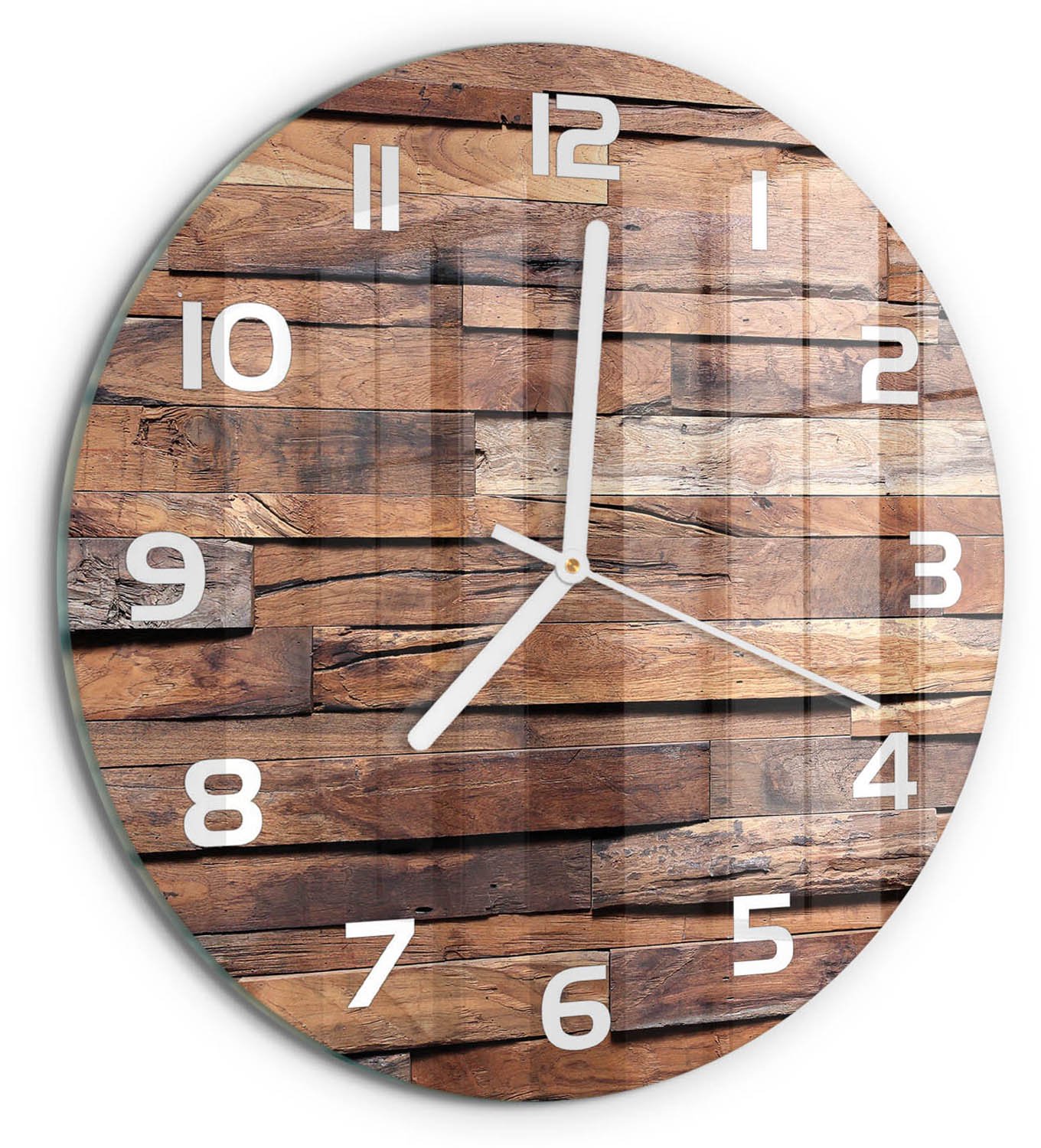 TULUP Wandklok - Houten muur Wandklok Glas Met Motief - fi30 cm - Bruin Decoratieve Glazen Klok - Witte handen - Ronde Klok - Gekleurde Glazen Klok - Glazen Klok Met Print