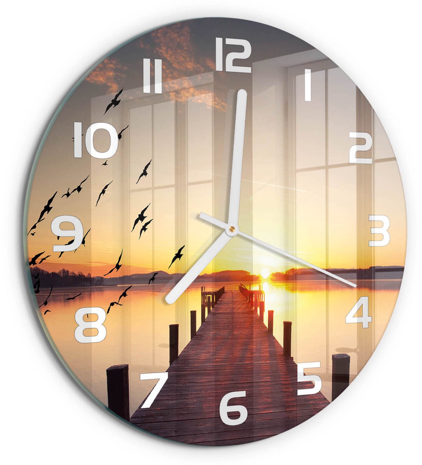 TULUP Wandklok - Zonsondergang Wandklok Glas Met Motief - fi30 cm - Geel Decoratieve Glazen Klok - Witte handen - Ronde Klok - Gekleurde Glazen Klok - Glazen Klok Met Print