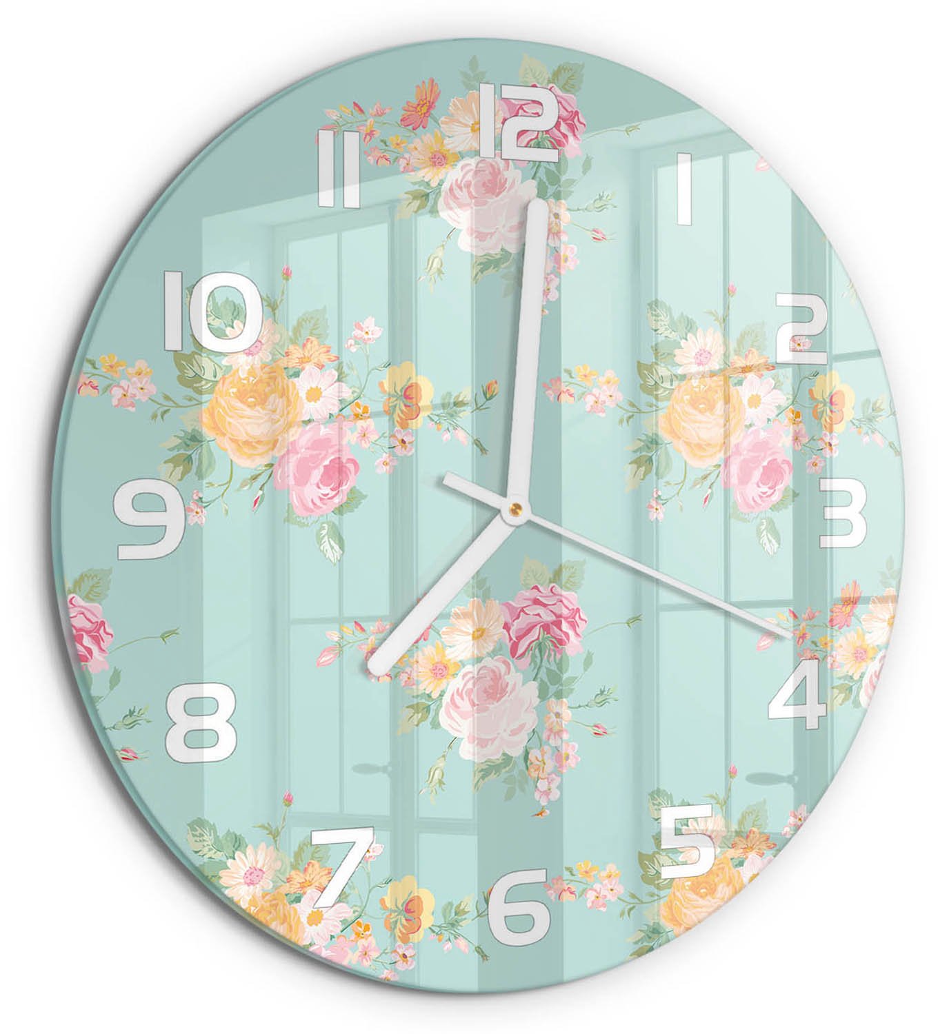 TULUP Wandklok - Bloemenpatroon Klok Glas Met Opdruk - fi30 cm - Veelkleurig Moderne Wandklok Glas - Witte handen - Ronde Klok - Decoratieve Glazen Klok - Glazen Wandklok Design
