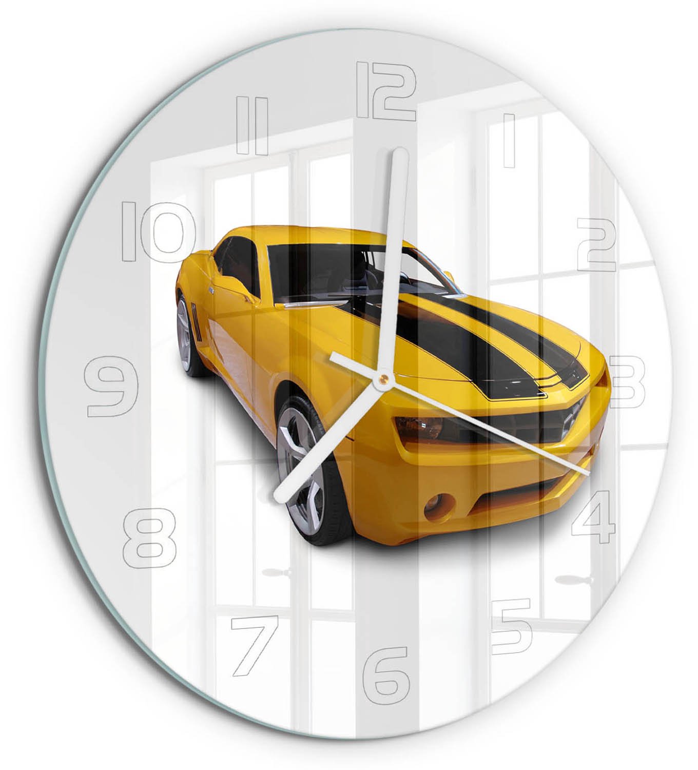 TULUP Wandklok - Sportwagen Decoratieve Glazen Klok - fi30 cm - Geel Glazen Wandklok Design - Witte handen - Ronde Klok - Glazen Klok Met Print - Wandklok Glas Met Motief