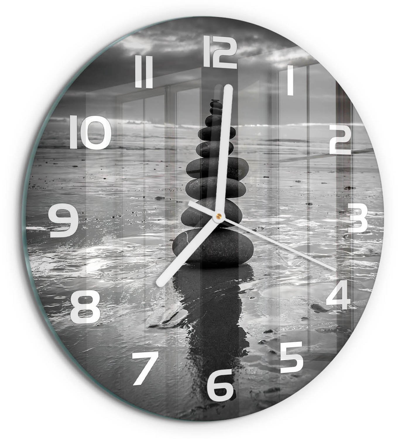 TULUP Wandklok - Balancerende stenen Moderne Wandklok Glas - fi30 cm - Zwart-wit Wandklok Glas Decoratie - Witte handen - Ronde Klok - Glazen Wandklok Design - Klok Glas Met Opdruk