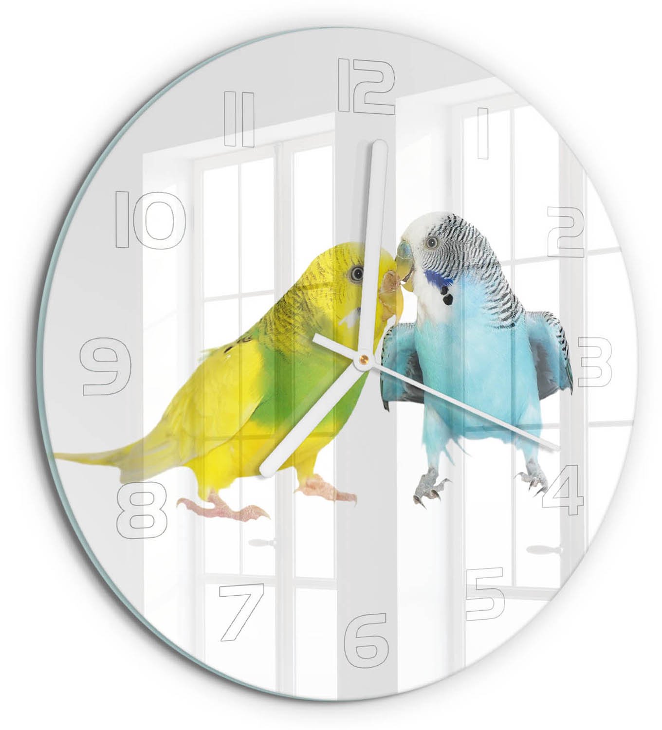 TULUP Wandklok - Parkieten Gekleurde Glazen Klok - fi30 cm - Veelkleurig Glazen Klok Met Print - Witte handen - Ronde Klok - Moderne Wandklok Glas - Wandklok Glas Decoratie