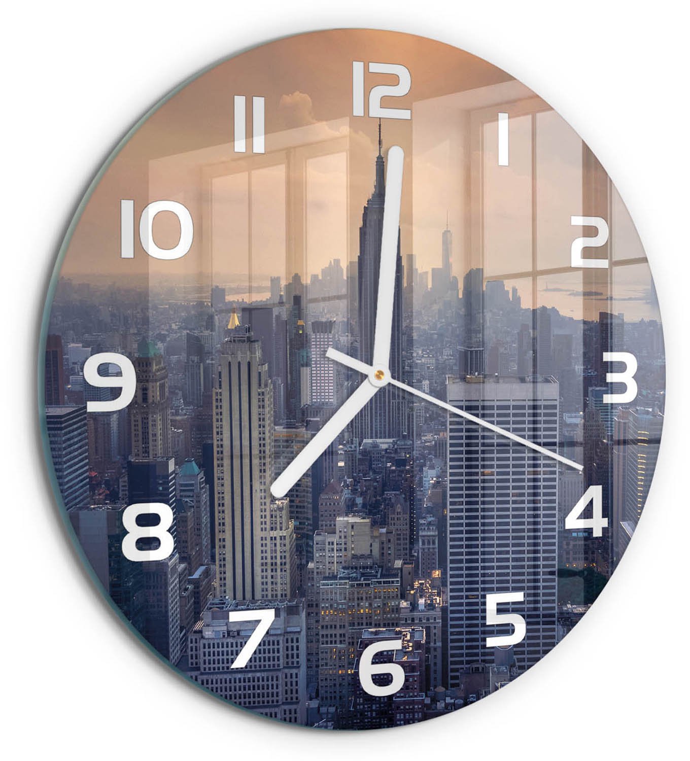 TULUP Wandklok - Manhattan, New York Wandklok Glas Met Motief - fi30 cm - Grijs Decoratieve Glazen Klok - Witte handen - Ronde Klok - Gekleurde Glazen Klok - Glazen Klok Met Print