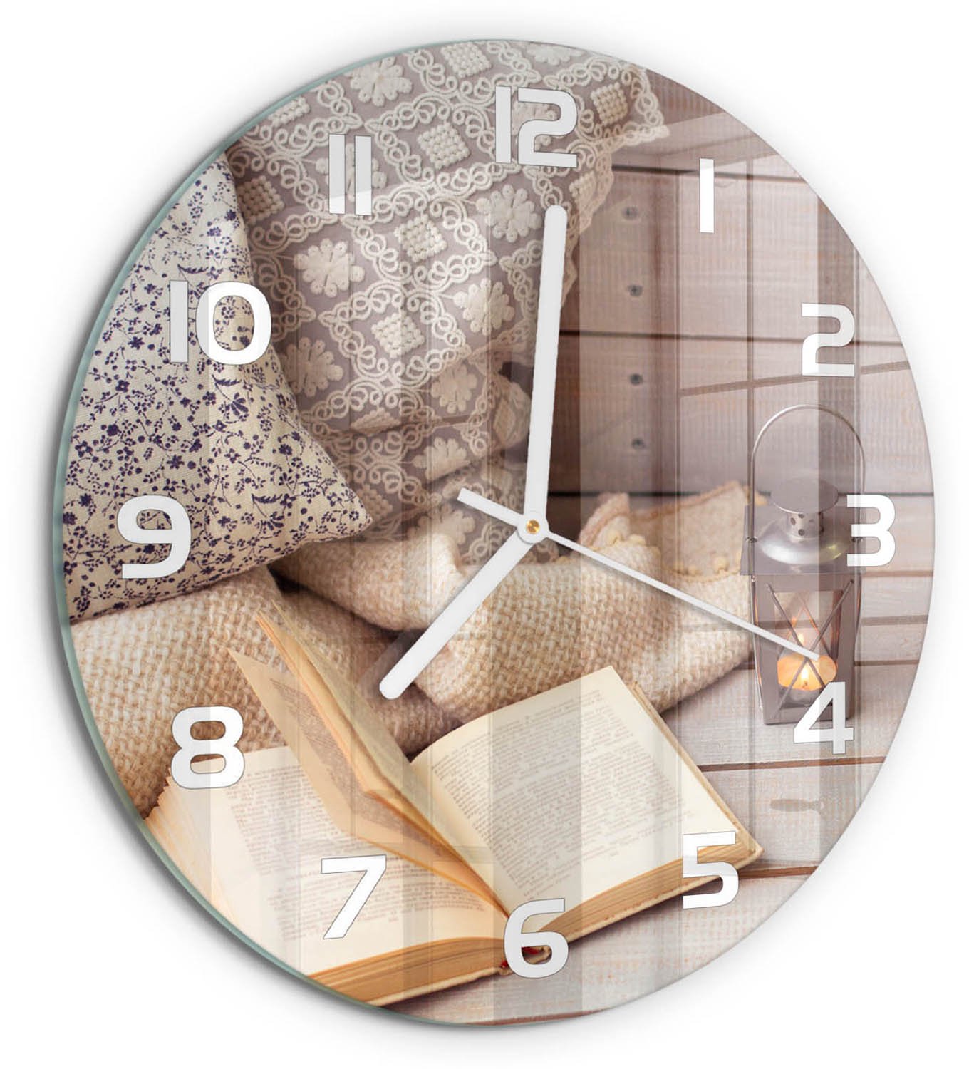 TULUP Wandklok - Ontspan met een boek. Klok Glas Met Opdruk - fi30 cm - Beige Moderne Wandklok Glas - Witte handen - Ronde Klok - Decoratieve Glazen Klok - Glazen Wandklok Design