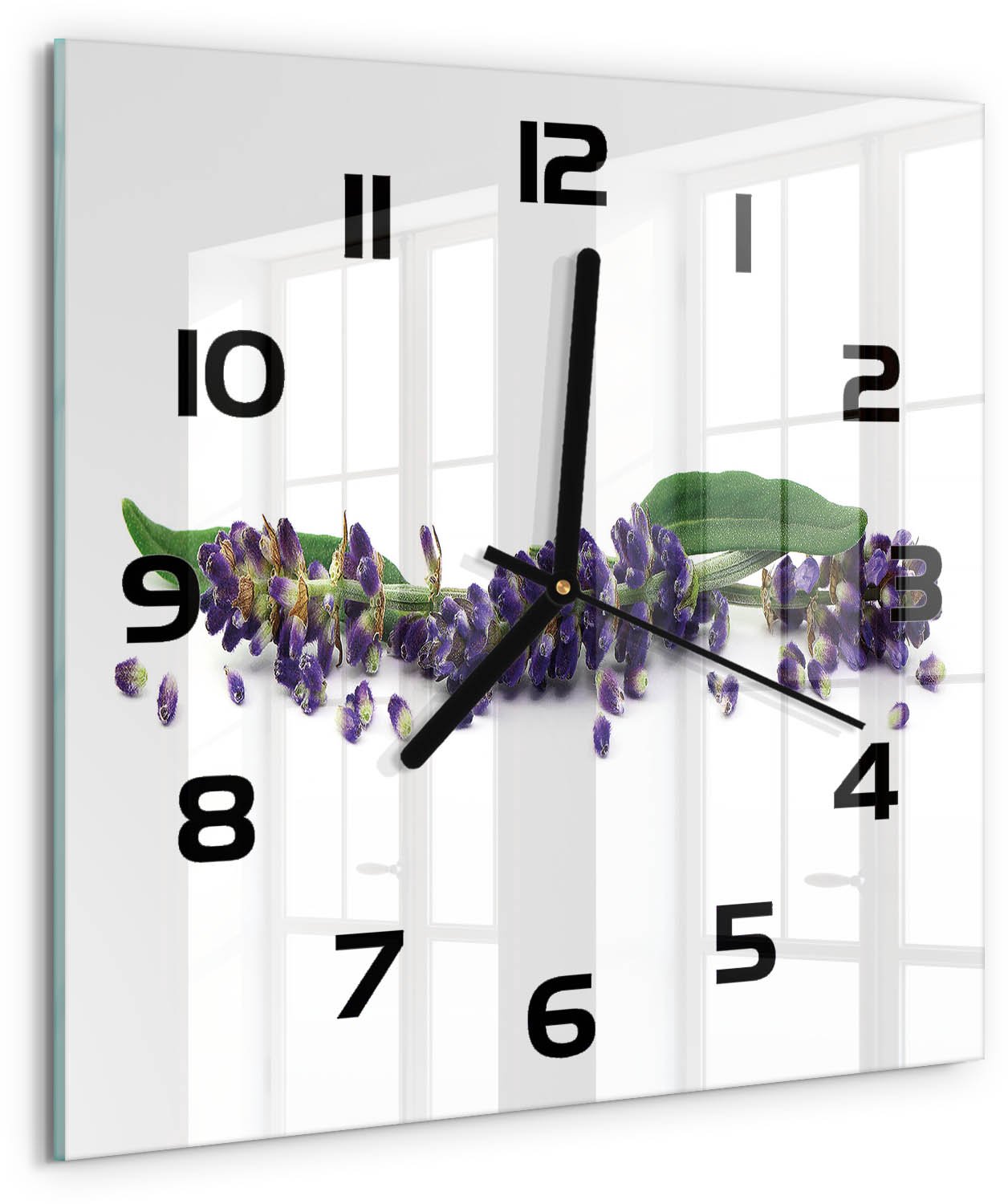 TULUP Wandklok - Lavendel Klok Glas Met Opdruk - 30x30 cm - Paars Moderne Wandklok Glas - Zwarte handen - Vierkante Klok - Decoratieve Glazen Klok - Glazen Wandklok Design