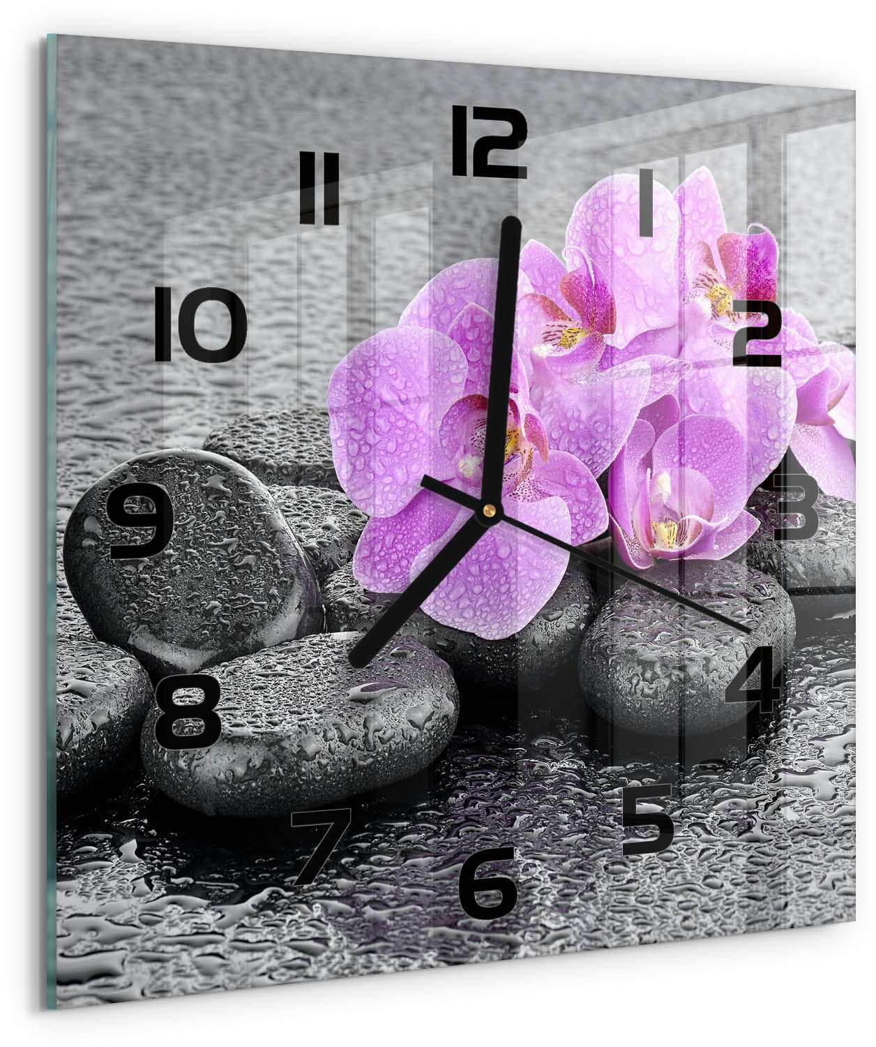 TULUP Wandklok - Orchideeënstenen Glazen Wandklok Design - 30x30 cm - Roze Klok Glas Met Opdruk - Zwarte handen - Vierkante Klok - Wandklok Glas Met Motief - Decoratieve Glazen Klok