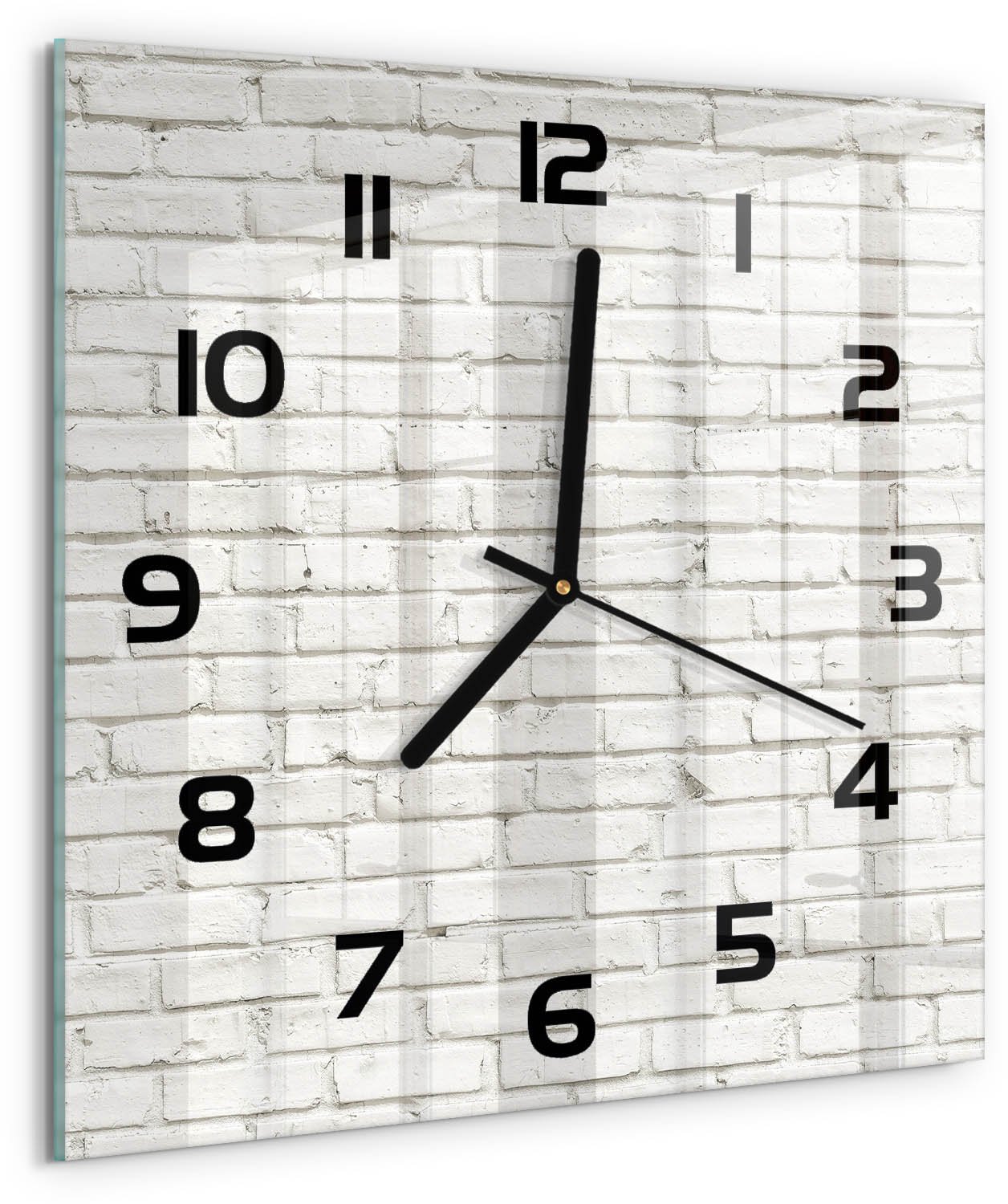Tulup Wandklok - Bakstenen muur Gekleurde Glazen Klok - 30x30 cm - Wit Glazen Klok Met Print - Zwarte handen - Vierkante Klok - Moderne Wandklok Glas - Wandklok Glas Decoratie