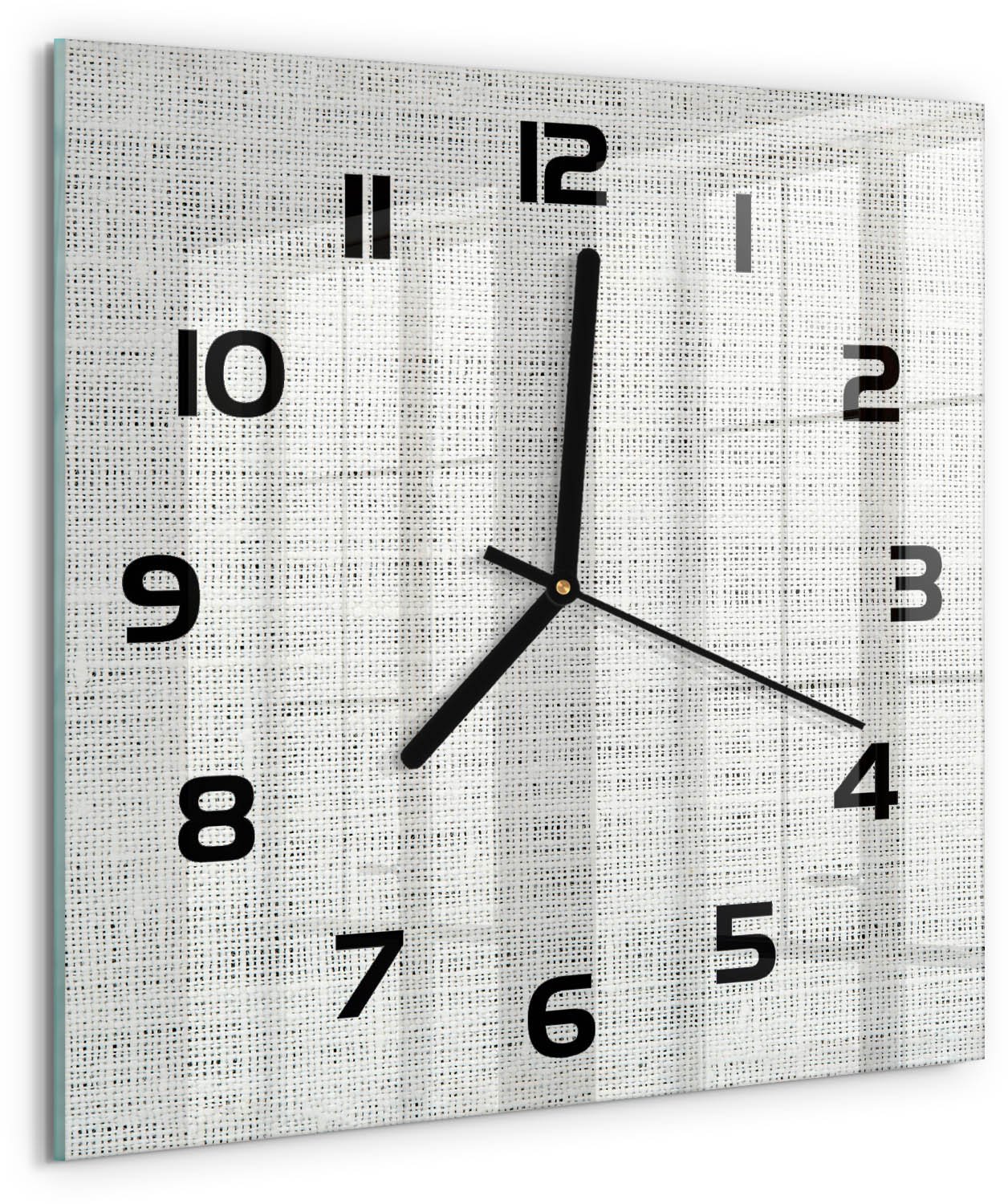 TULUP Wandklok - Wit linnen canvas Gekleurde Glazen Klok - 30x30 cm - Wit Glazen Klok Met Print - Zwarte handen - Vierkante Klok - Moderne Wandklok Glas - Wandklok Glas Decoratie