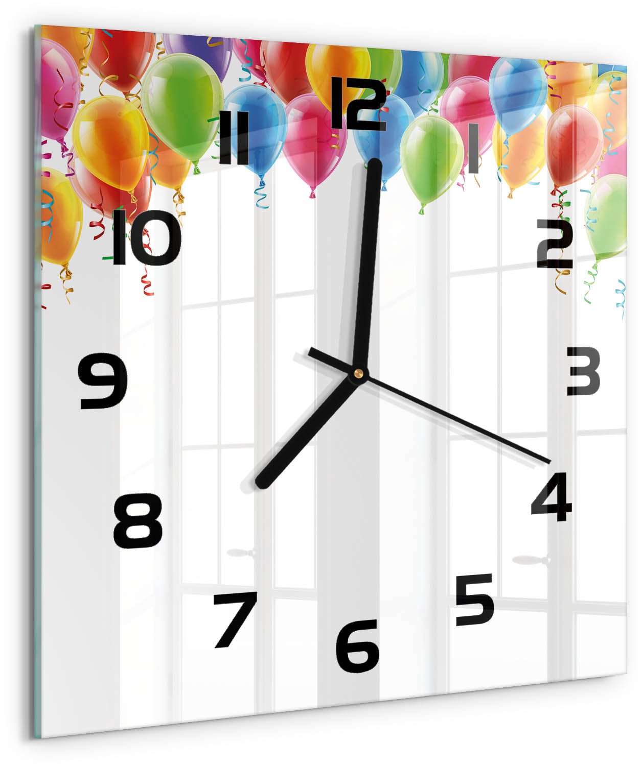 TULUP Wandklok - Kleurrijke ballonnen Glazen Klok Met Print - 30x30 cm - Veelkleurig Wandklok Glas Met Motief - Zwarte handen - Vierkante Klok - Wandklok Glas Decoratie - Gekleurde Glazen Klok
