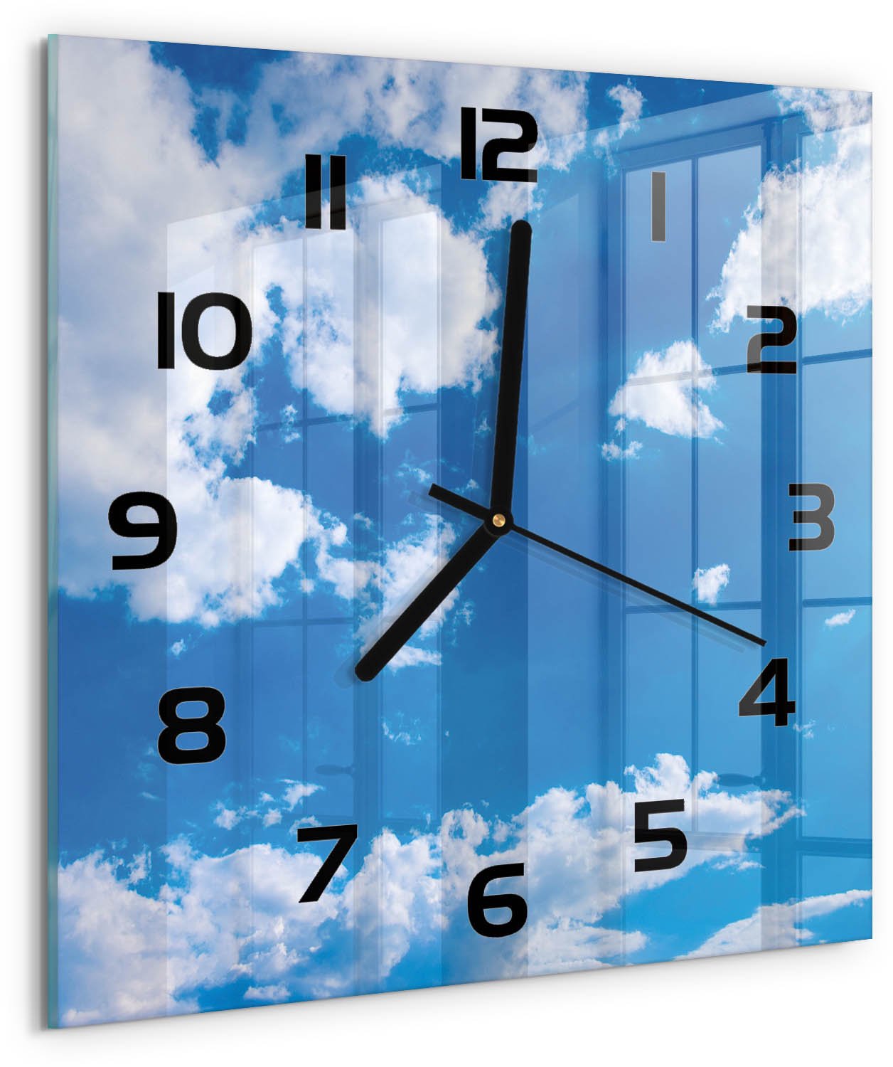 TULUP Wandklok - Wolken aan de hemel Glazen Wandklok Design - 30x30 cm - Blauw Klok Glas Met Opdruk - Zwarte handen - Vierkante Klok - Wandklok Glas Met Motief - Decoratieve Glazen Klok