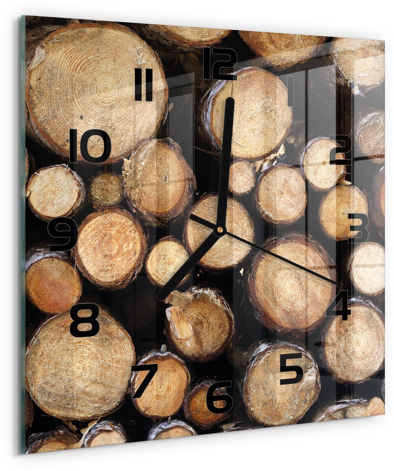 TULUP Wandklok - Logboeken Gekleurde Glazen Klok - 30x30 cm - Bruin Glazen Klok Met Print - Zwarte handen - Vierkante Klok - Moderne Wandklok Glas - Wandklok Glas Decoratie
