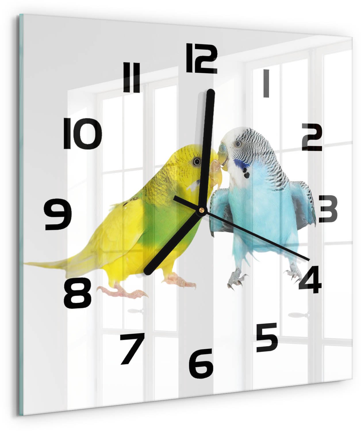TULUP Wandklok - Parkieten Wandklok Glas Decoratie - 30x30 cm - Veelkleurig Gekleurde Glazen Klok - Zwarte handen - Vierkante Klok - Klok Glas Met Opdruk - Moderne Wandklok Glas