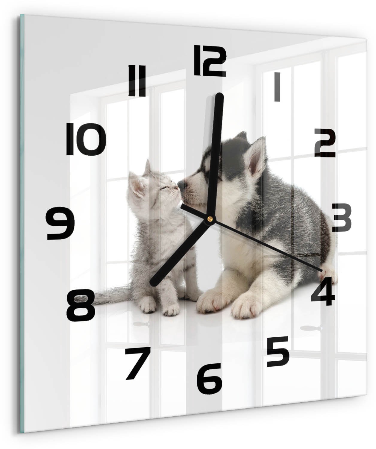 TULUP Wandklok - Hond en kat Gekleurde Glazen Klok - 30x30 cm - Zwart Glazen Klok Met Print - Zwarte handen - Vierkante Klok - Moderne Wandklok Glas - Wandklok Glas Decoratie