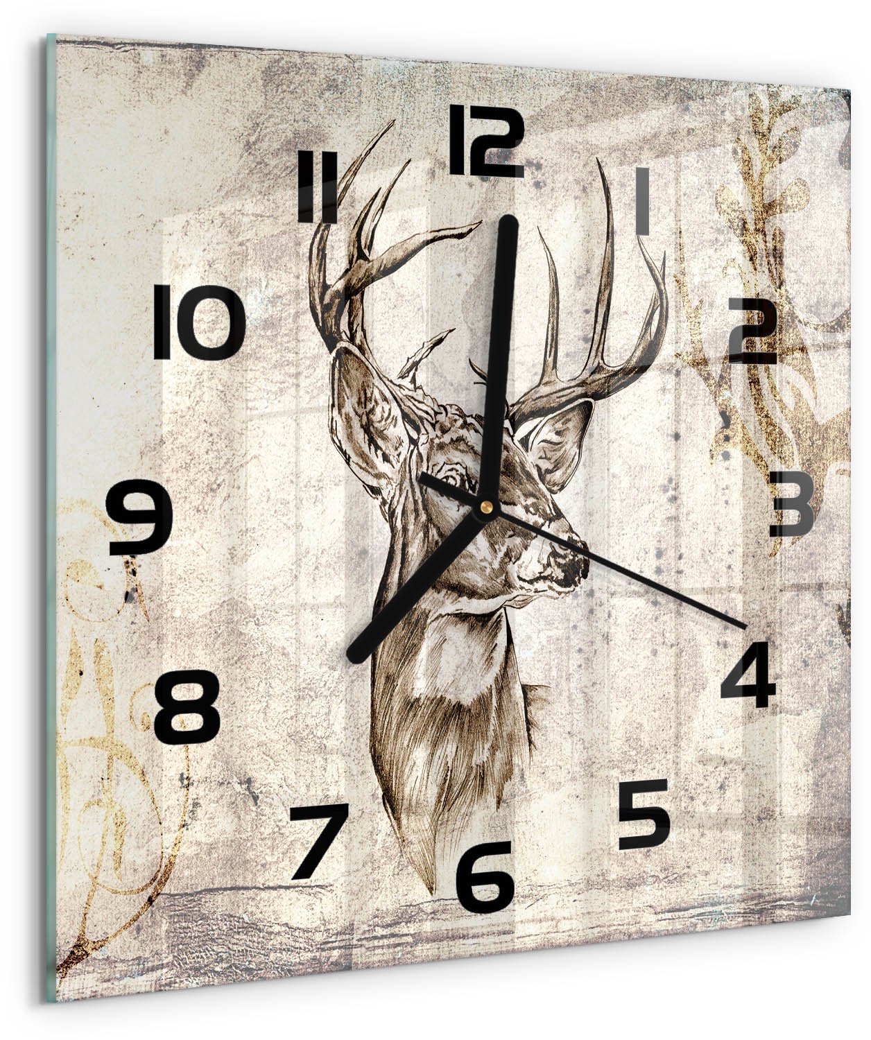 TULUP Wandklok - Hert Moderne Wandklok Glas - 30x30 cm - Beige Wandklok Glas Decoratie - Zwarte handen - Vierkante Klok - Glazen Wandklok Design - Klok Glas Met Opdruk