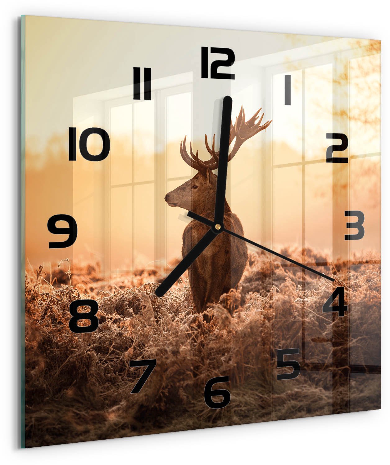 TULUP Wandklok - Zonsopgang boven de herten Moderne Wandklok Glas - 30x30 cm - Bruin Wandklok Glas Decoratie - Zwarte handen - Vierkante Klok - Glazen Wandklok Design - Klok Glas Met Opdruk