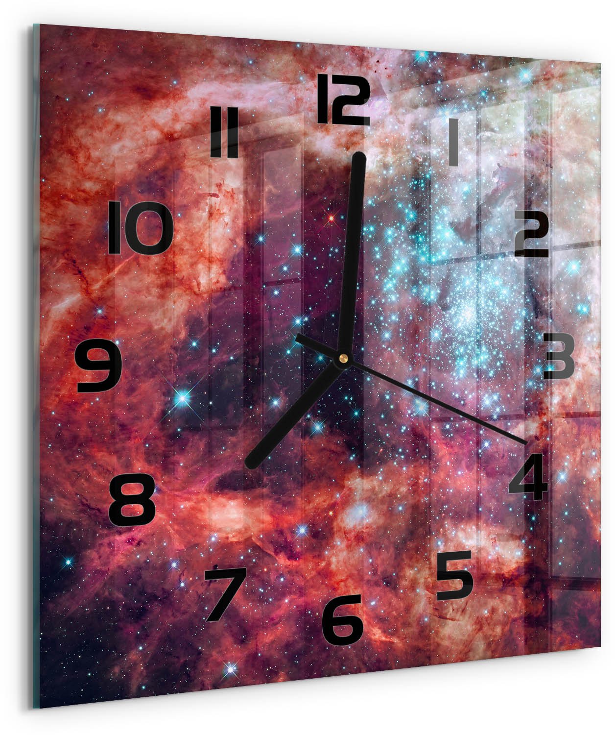 Tulup Wandklok - Magellaanse Wolk Wandklok Glas Decoratie - 30x30 cm - Veelkleurig Gekleurde Glazen Klok - Zwarte handen - Vierkante Klok - Klok Glas Met Opdruk - Moderne Wandklok Glas