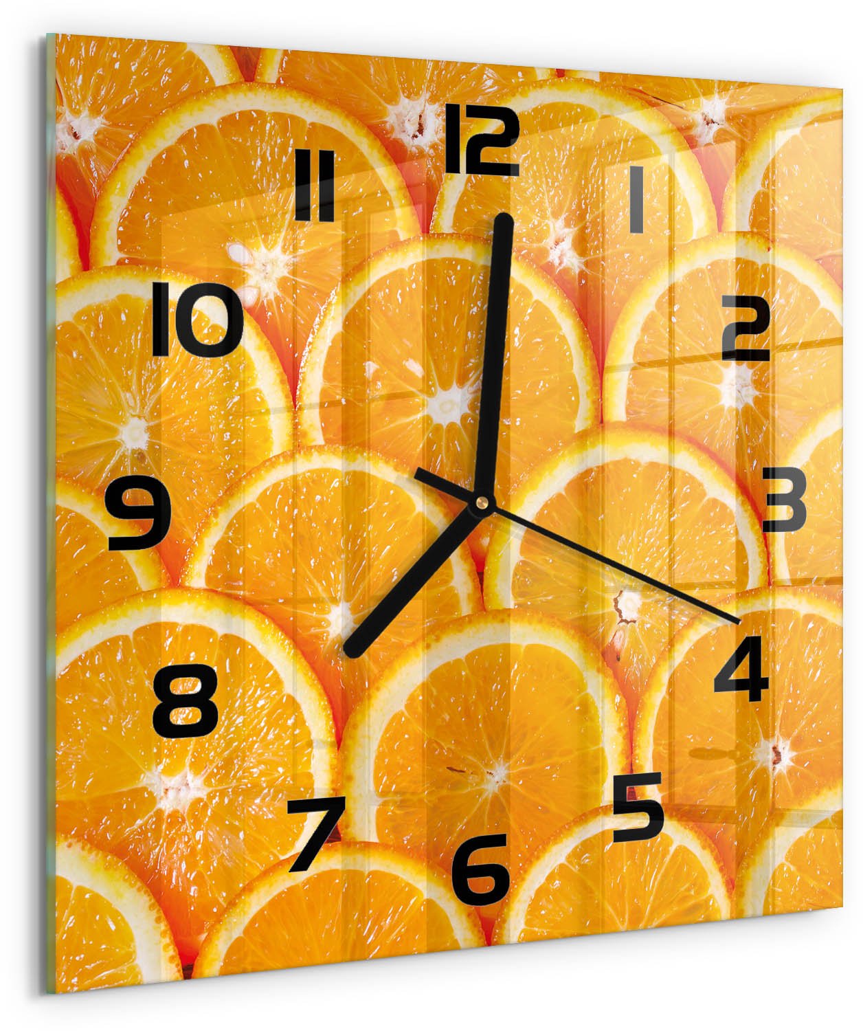 Tulup Wandklok - Sinaasappelschijfjes Wandklok Glas Decoratie - 30x30 cm - Oranje Gekleurde Glazen Klok - Zwarte handen - Vierkante Klok - Klok Glas Met Opdruk - Moderne Wandklok Glas