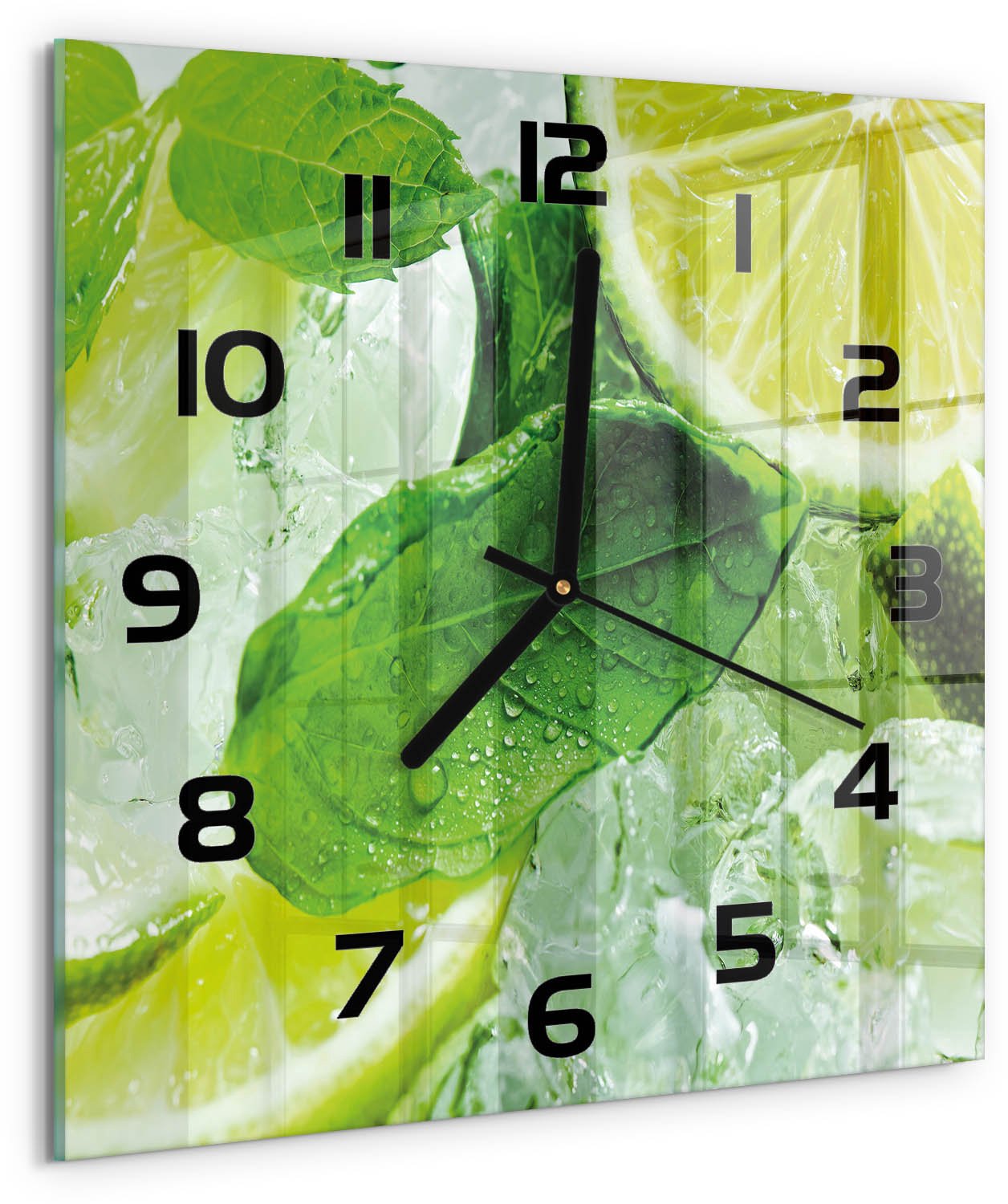 Tulup Wandklok - Limoen met ijs Moderne Wandklok Glas - 30x30 cm - Groente Wandklok Glas Decoratie - Zwarte handen - Vierkante Klok - Glazen Wandklok Design - Klok Glas Met Opdruk