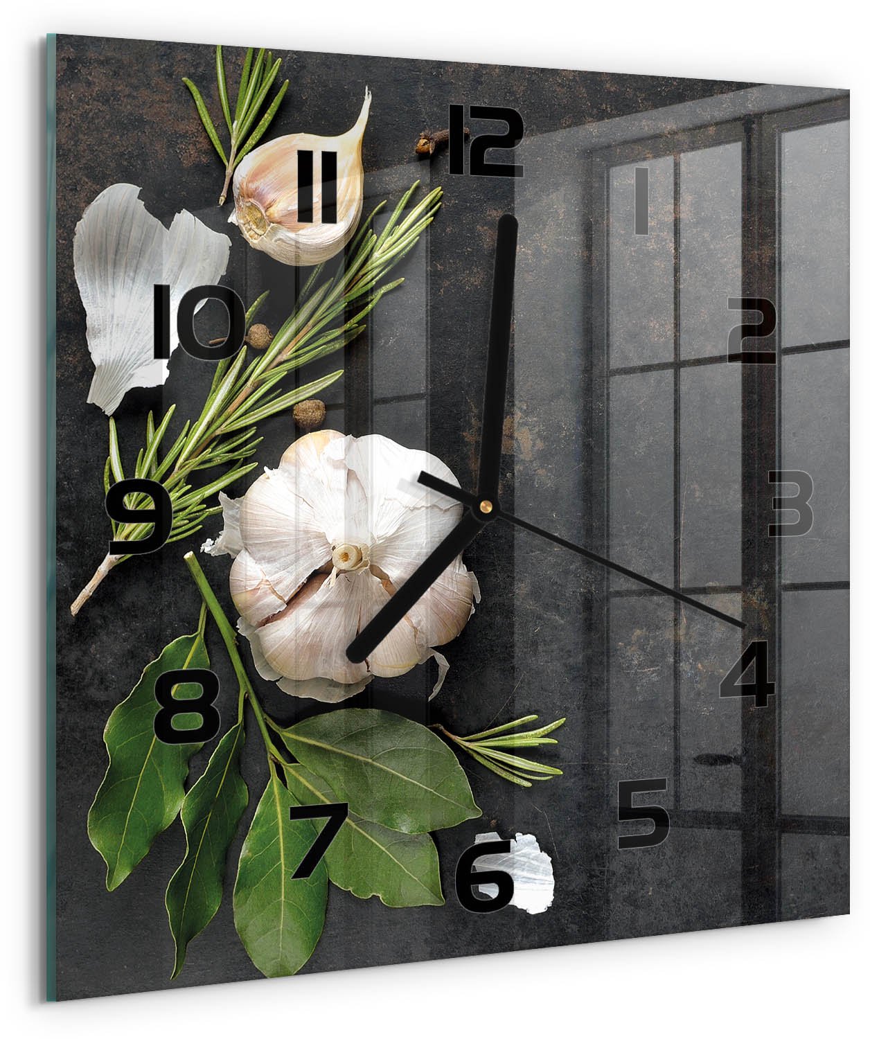 TULUP Wandklok - Knoflook Wandklok Glas Decoratie - 30x30 cm - Wit Gekleurde Glazen Klok - Zwarte handen - Vierkante Klok - Klok Glas Met Opdruk - Moderne Wandklok Glas