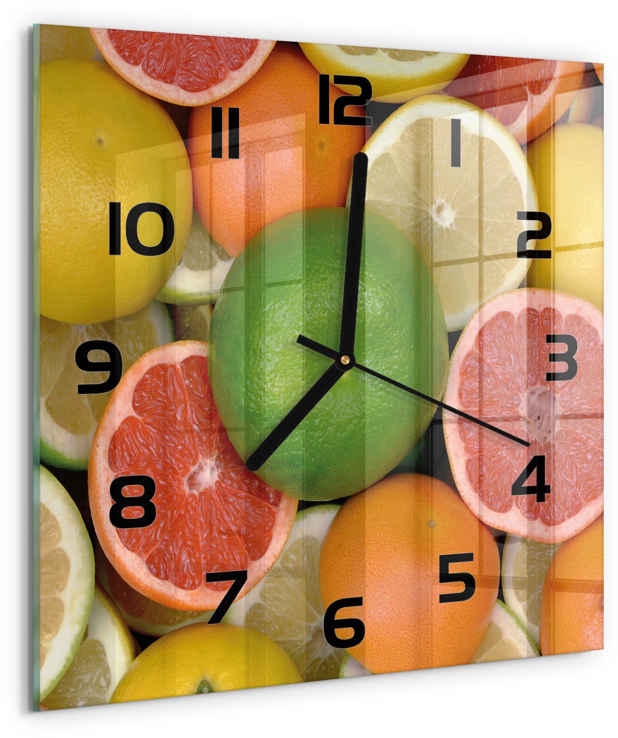 Tulup Wandklok - Citrusvruchten Moderne Wandklok Glas - 30x30 cm - Veelkleurig Wandklok Glas Decoratie - Zwarte handen - Vierkante Klok - Glazen Wandklok Design - Klok Glas Met Opdruk