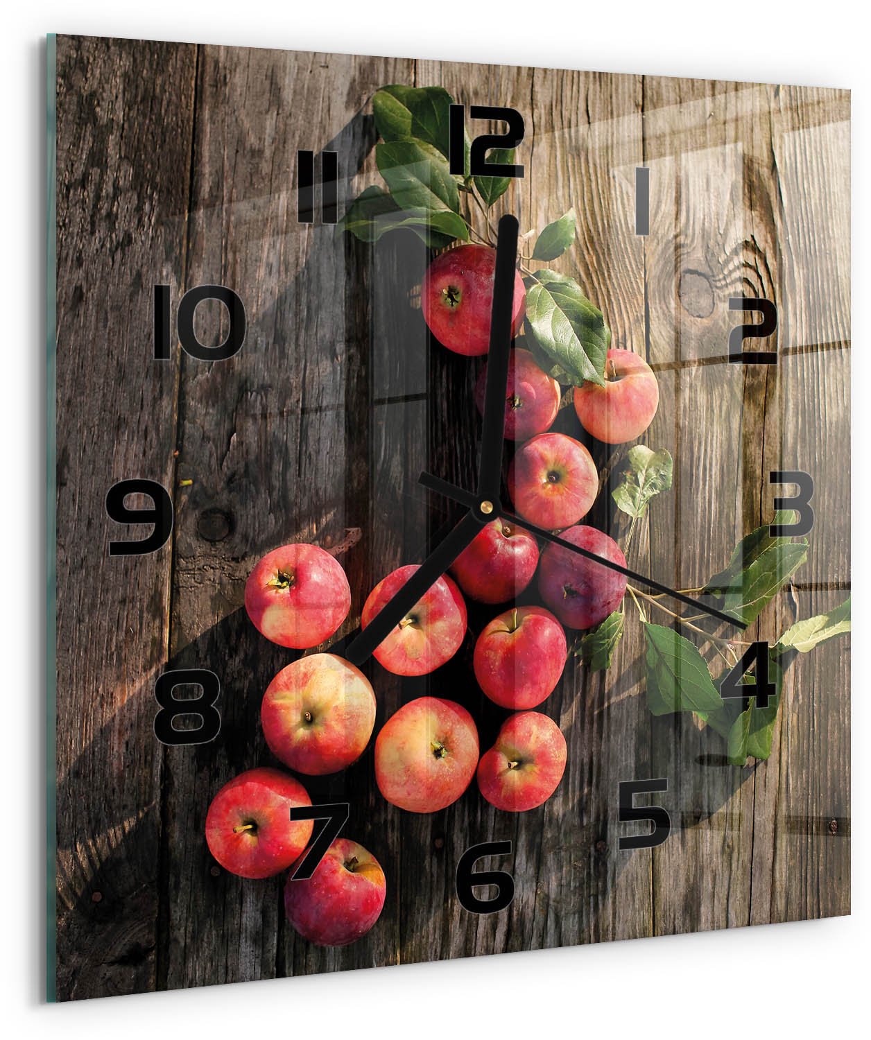 TULUP Wandklok - Appels op tafel Decoratieve Glazen Klok - 30x30 cm - Rood Glazen Wandklok Design - Zwarte handen - Vierkante Klok - Glazen Klok Met Print - Wandklok Glas Met Motief