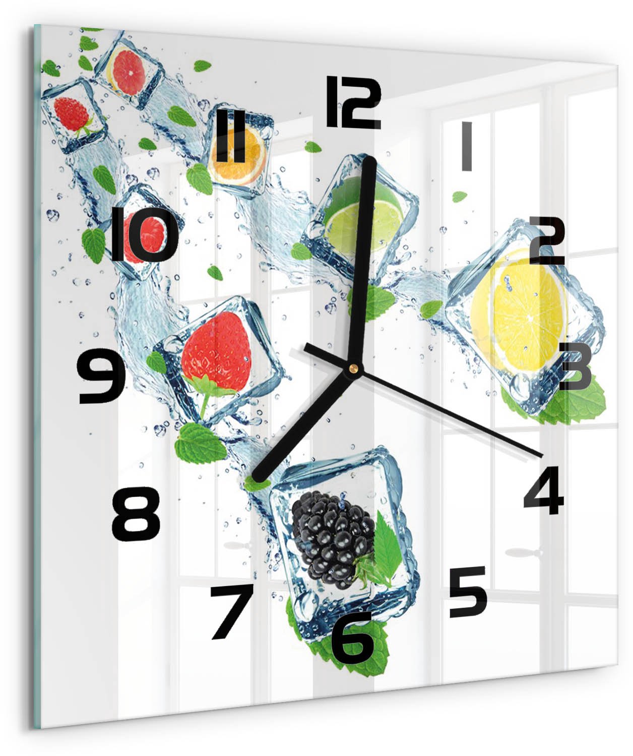 Tulup Wandklok - Fruit in blokjes Wandklok Glas Decoratie - 30x30 cm - Veelkleurig Gekleurde Glazen Klok - Zwarte handen - Vierkante Klok - Klok Glas Met Opdruk - Moderne Wandklok Glas