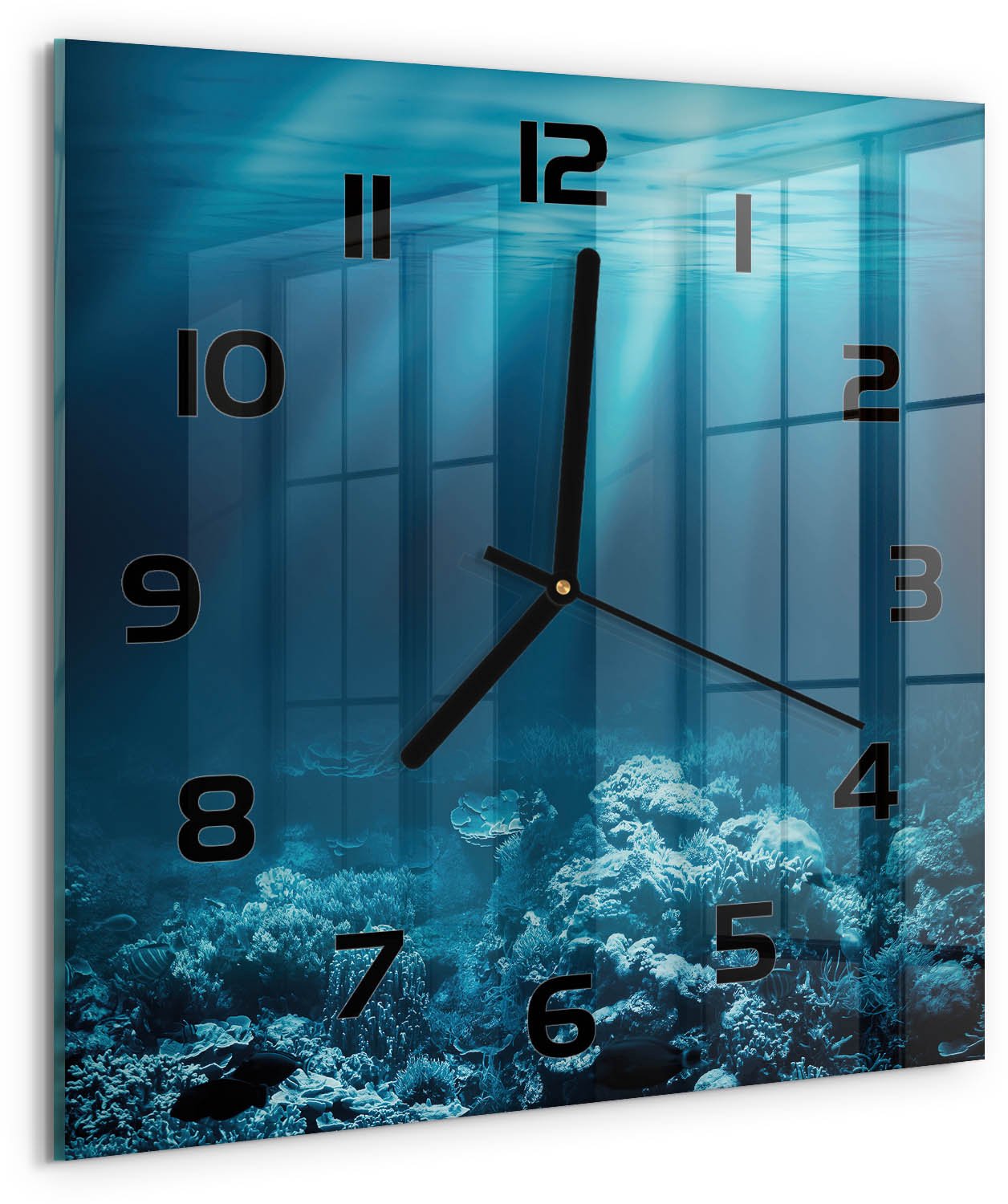 Tulup Wandklok - Onderwaterwereld Wandklok Glas Met Motief - 30x30 cm - Blauw Decoratieve Glazen Klok - Zwarte handen - Vierkante Klok - Gekleurde Glazen Klok - Glazen Klok Met Print