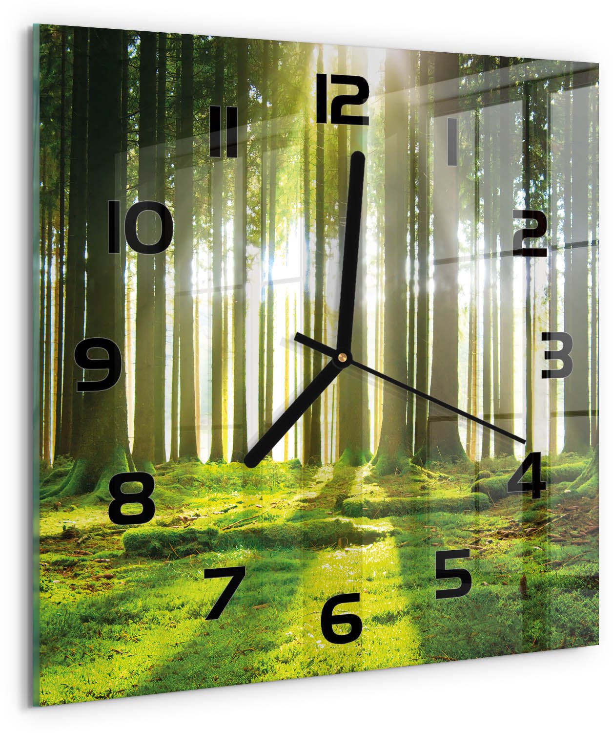 Tulup Wandklok - Bos in de zon Gekleurde Glazen Klok - 30x30 cm - Groente Glazen Klok Met Print - Zwarte handen - Vierkante Klok - Moderne Wandklok Glas - Wandklok Glas Decoratie
