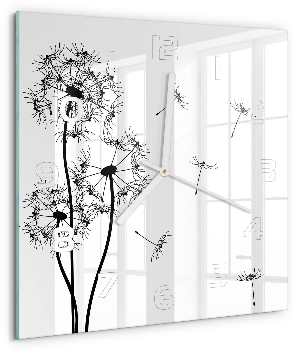 Tulup Wandklok - Paardenbloemtand Glazen Klok Met Print - 30x30 cm - Zwart-wit Wandklok Glas Met Motief - Witte handen - Vierkante Klok - Wandklok Glas Decoratie - Gekleurde Glazen Klok