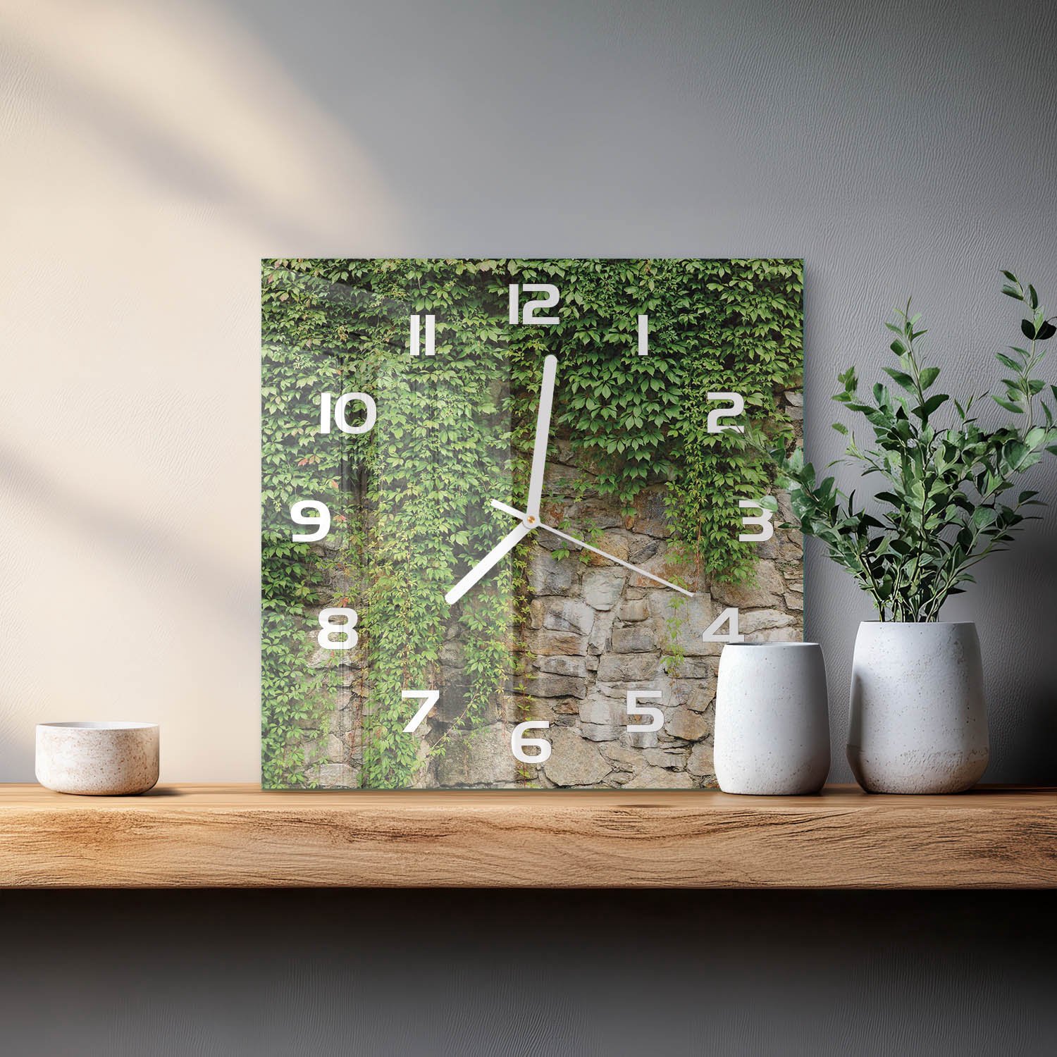 Tulup Wandklok - Groene klimop Gekleurde Glazen Klok - 30x30 cm - Groente Glazen Klok Met Print - Witte handen - Vierkante Klok - Moderne Wandklok Glas - Wandklok Glas Decoratie
