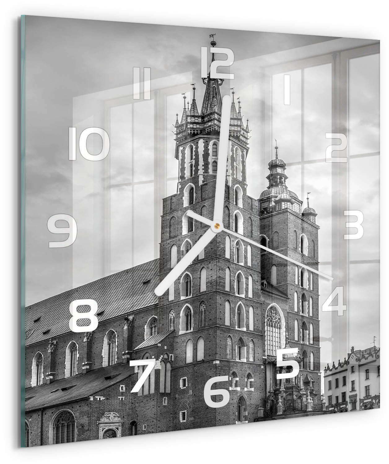 TULUP Wandklok - Krakau, Polen Decoratieve Glazen Klok - 30x30 cm - Zwart-wit Glazen Wandklok Design - Witte handen - Vierkante Klok - Glazen Klok Met Print - Wandklok Glas Met Motief