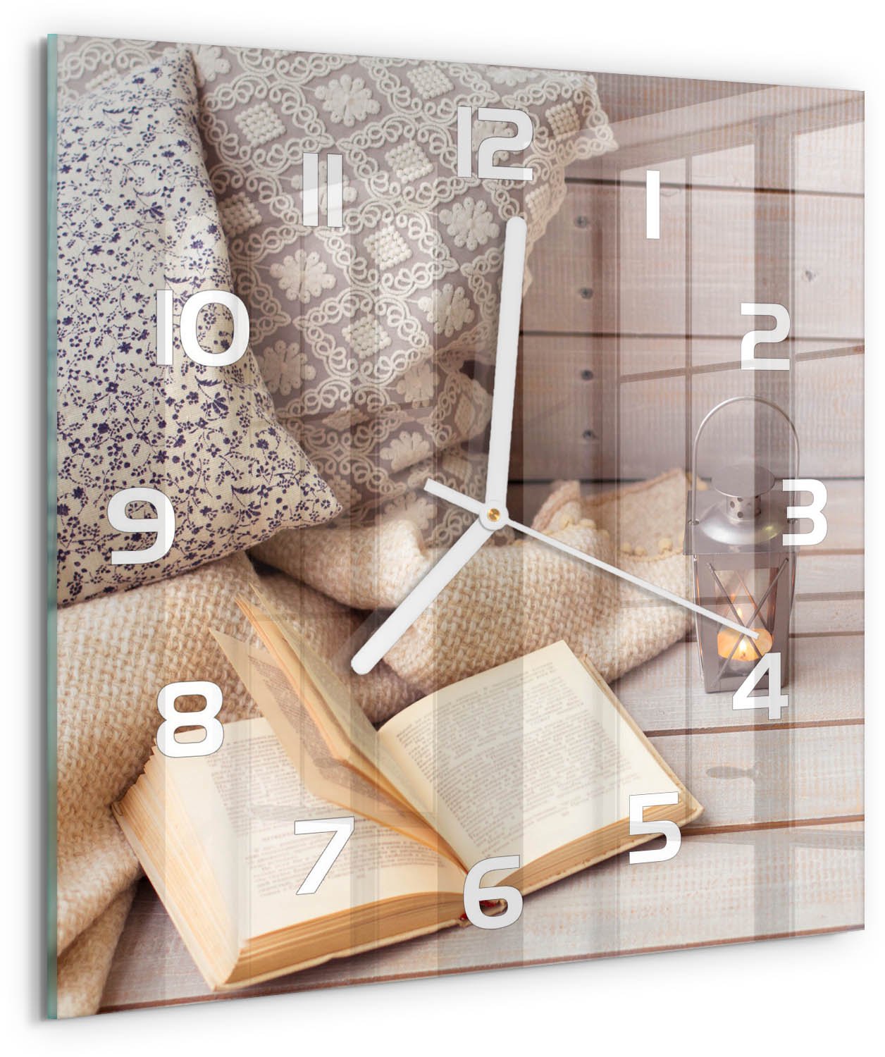 Tulup Wandklok - Ontspan met een boek. Glazen Klok Met Print - 30x30 cm - Beige Wandklok Glas Met Motief - Witte handen - Vierkante Klok - Wandklok Glas Decoratie - Gekleurde Glazen Klok
