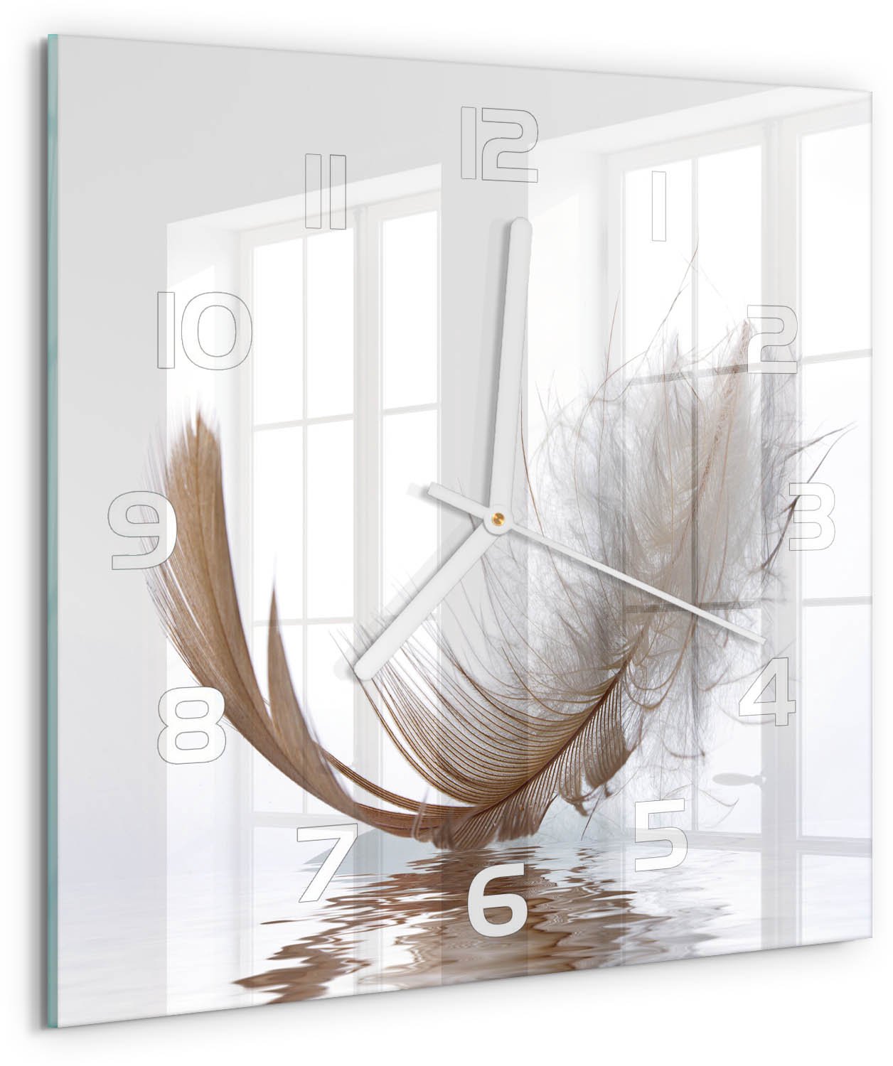 Tulup Wandklok - Veer op het water Klok Glas Met Opdruk - 30x30 cm - Beige Moderne Wandklok Glas - Witte handen - Vierkante Klok - Decoratieve Glazen Klok - Glazen Wandklok Design